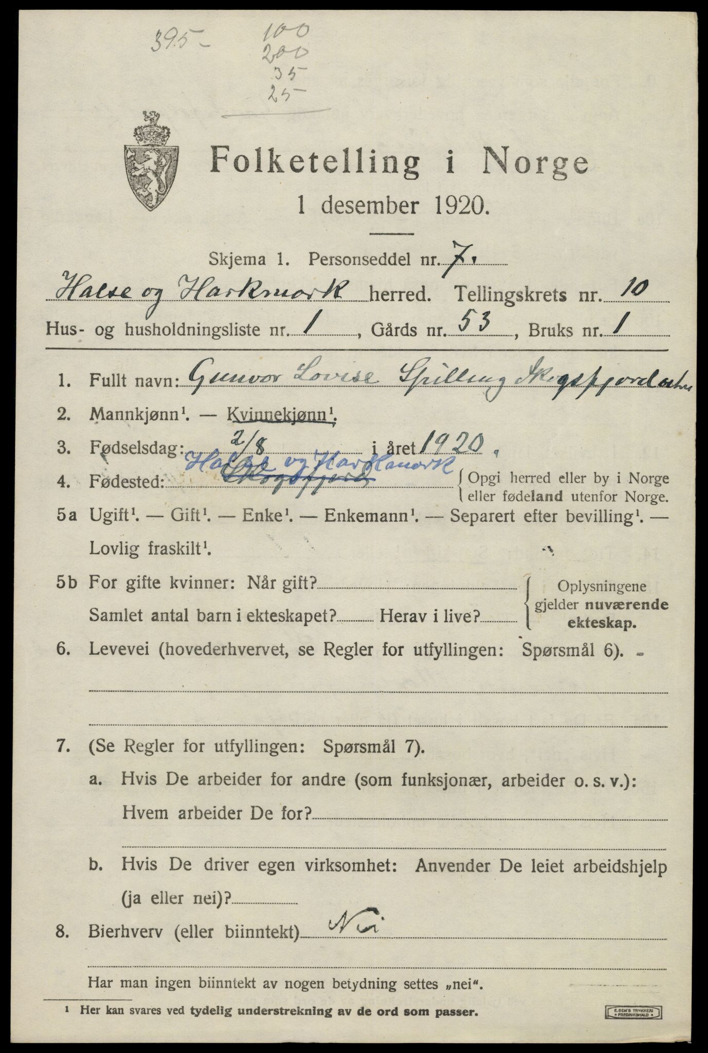 SAK, 1920 census for Halse og Harkmark, 1920, p. 5621