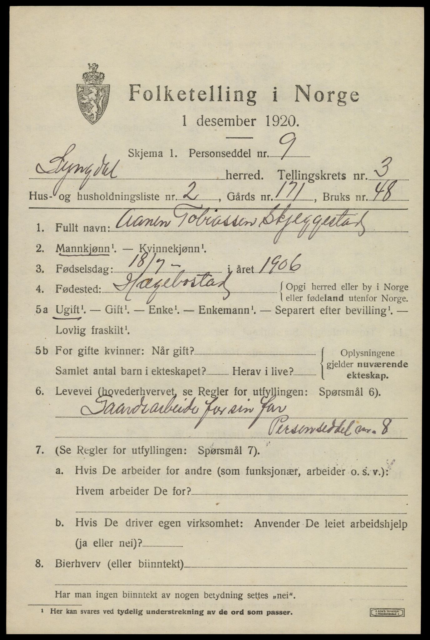 SAK, 1920 census for Lyngdal, 1920, p. 1935