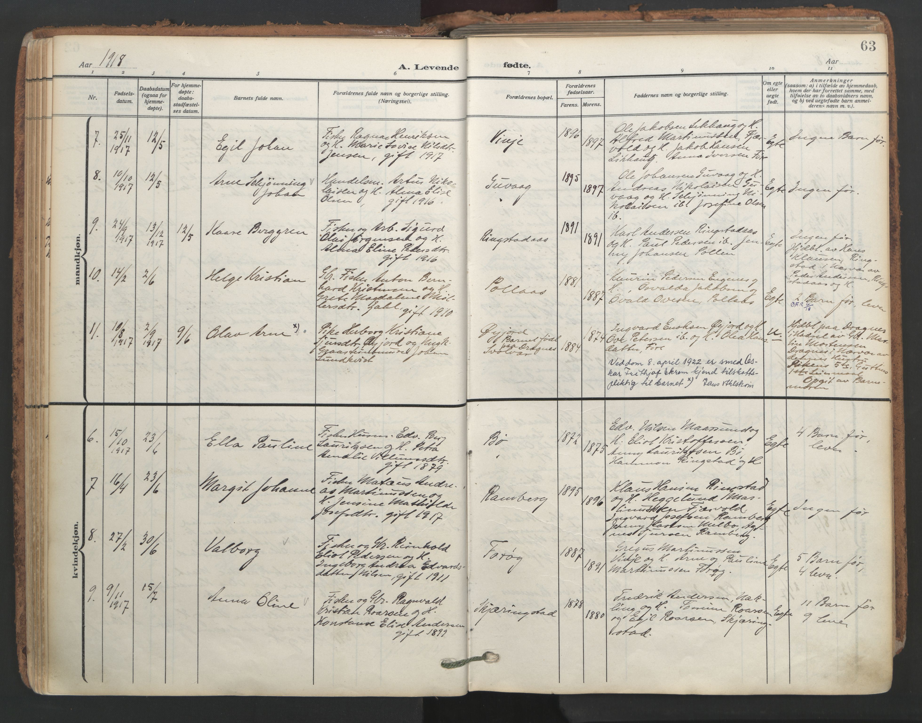 Ministerialprotokoller, klokkerbøker og fødselsregistre - Nordland, AV/SAT-A-1459/891/L1306: Parish register (official) no. 891A11, 1911-1927, p. 63