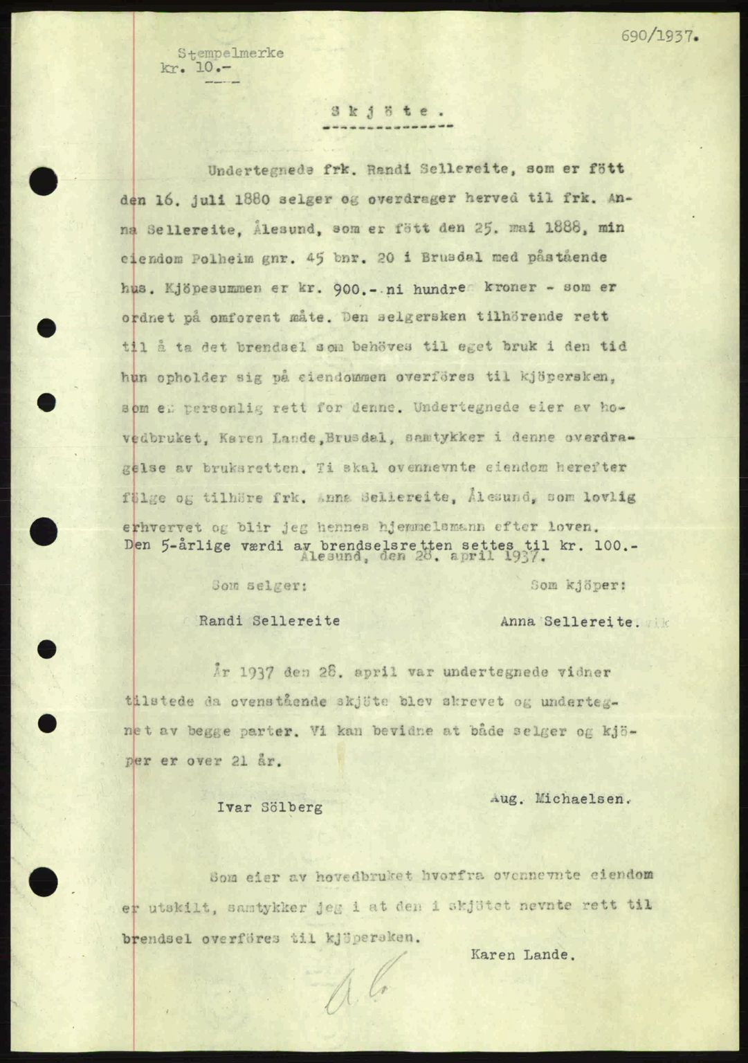 Nordre Sunnmøre sorenskriveri, AV/SAT-A-0006/1/2/2C/2Ca: Mortgage book no. A2, 1936-1937, Diary no: : 690/1937