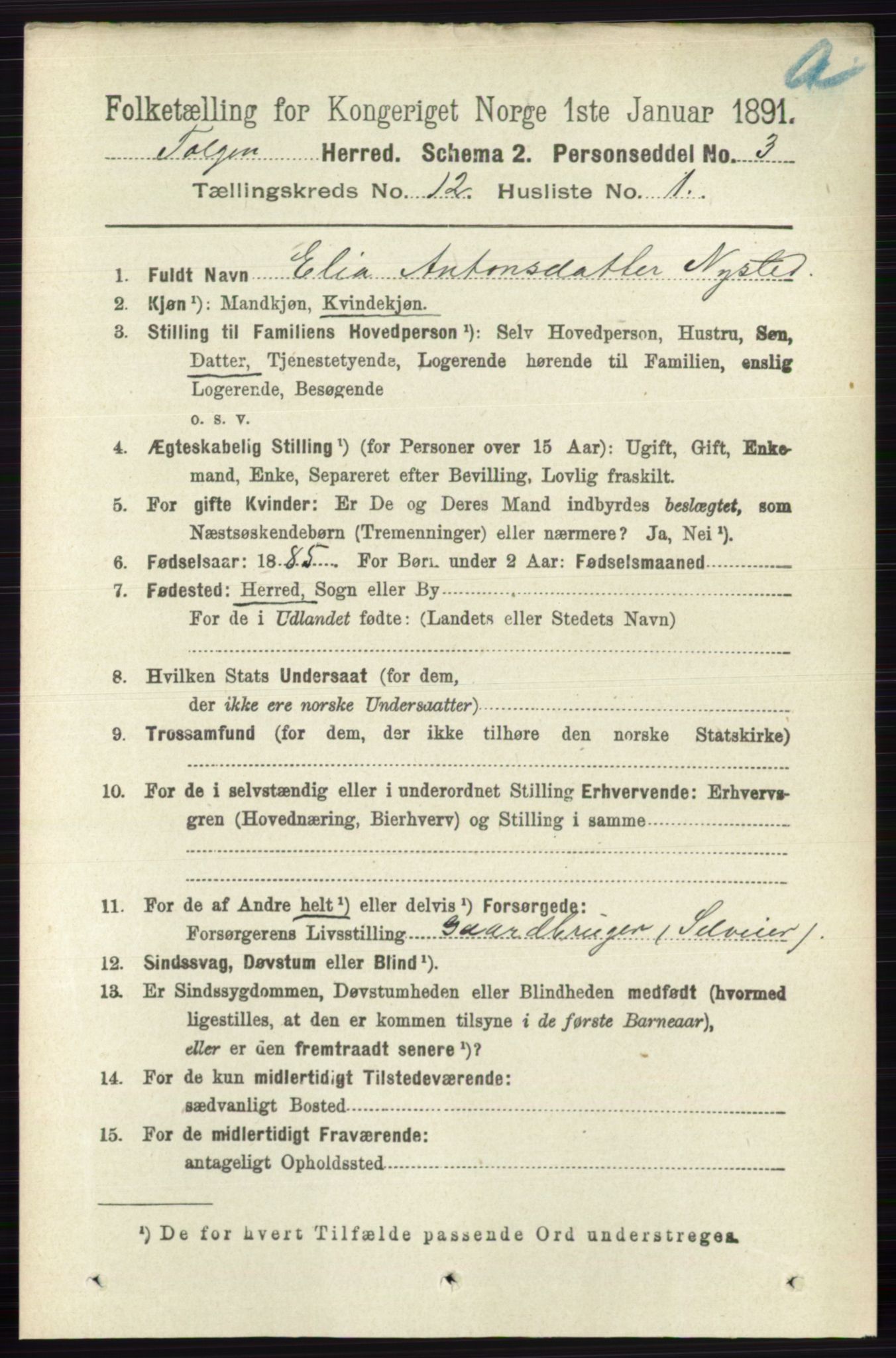 RA, 1891 census for 0436 Tolga, 1891, p. 3681