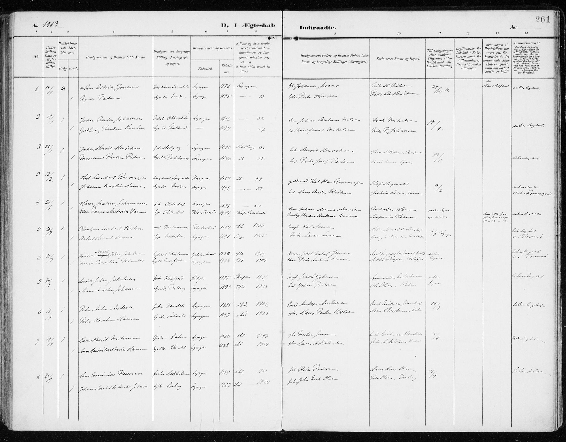 Lyngen sokneprestembete, SATØ/S-1289/H/He/Hea/L0011kirke: Parish register (official) no. 11, 1903-1913, p. 261