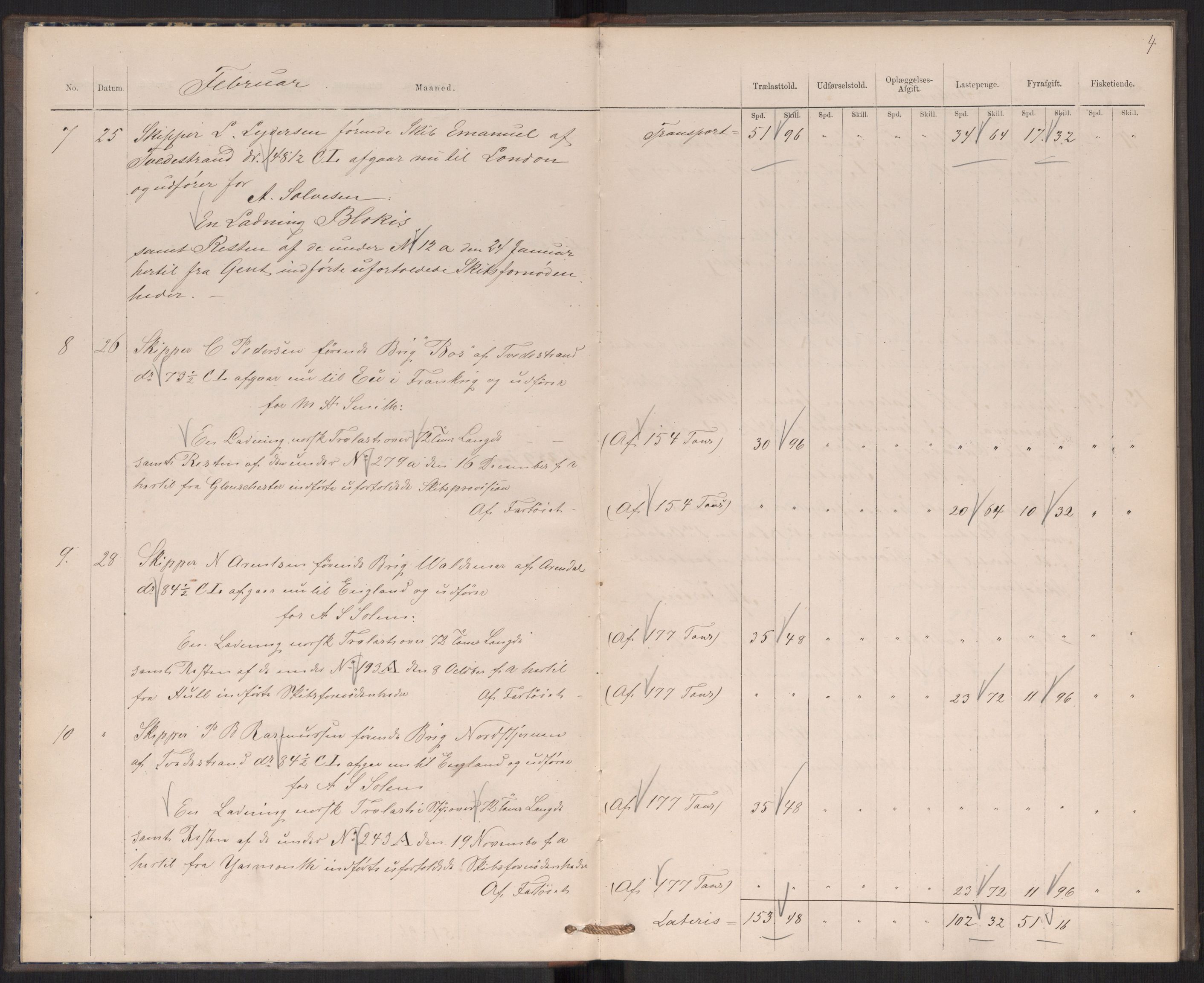 Revisjonsdepartementet, 2. revisjonskontor, AV/RA-S-1115/E/E039/L0276: Tvedestrand: Utgående tollbok, 1876, p. 4