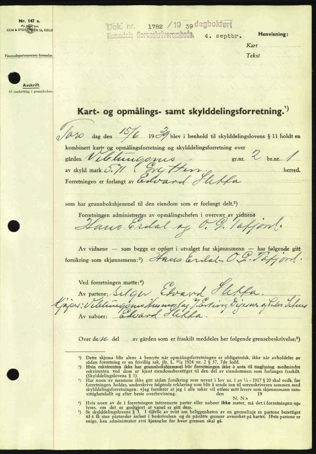 Romsdal sorenskriveri, AV/SAT-A-4149/1/2/2C: Mortgage book no. A7, 1939-1939, Diary no: : 1782/1939