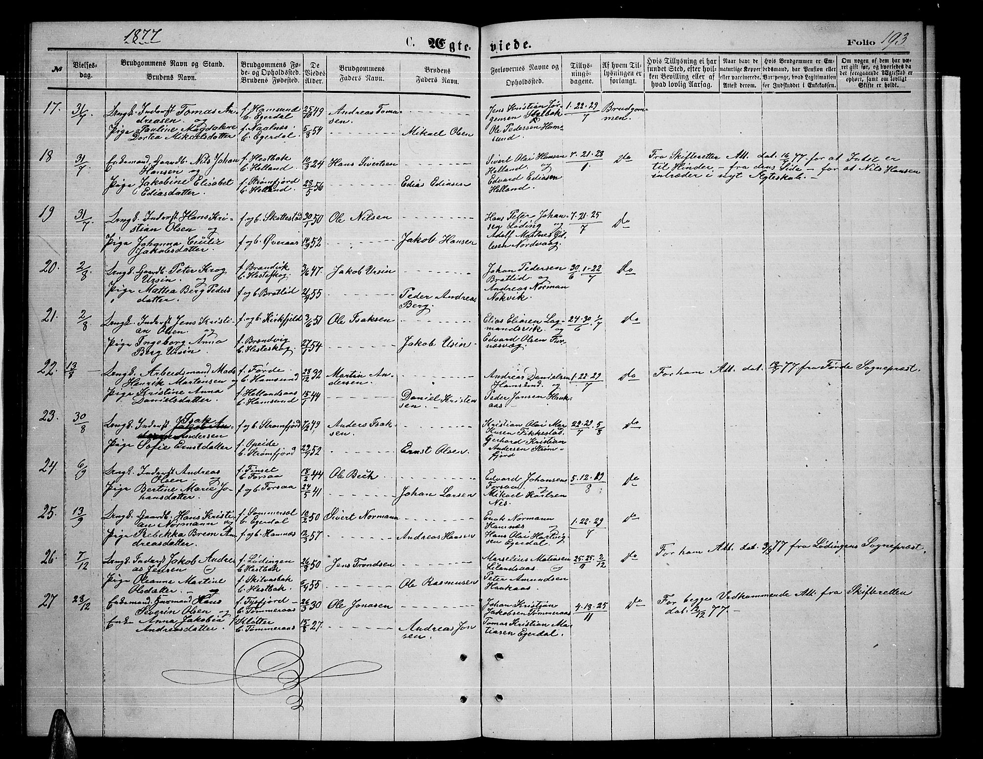 Ministerialprotokoller, klokkerbøker og fødselsregistre - Nordland, SAT/A-1459/859/L0858: Parish register (copy) no. 859C04, 1873-1886, p. 193