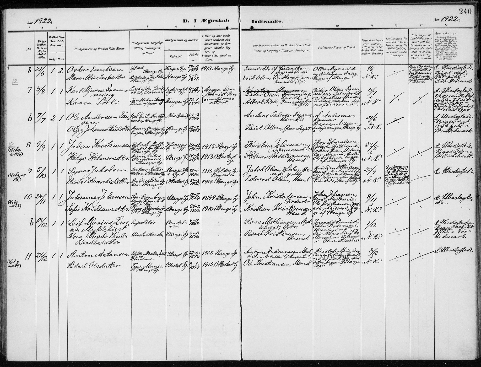 Stange prestekontor, AV/SAH-PREST-002/K/L0024: Parish register (official) no. 24, 1906-1922, p. 240