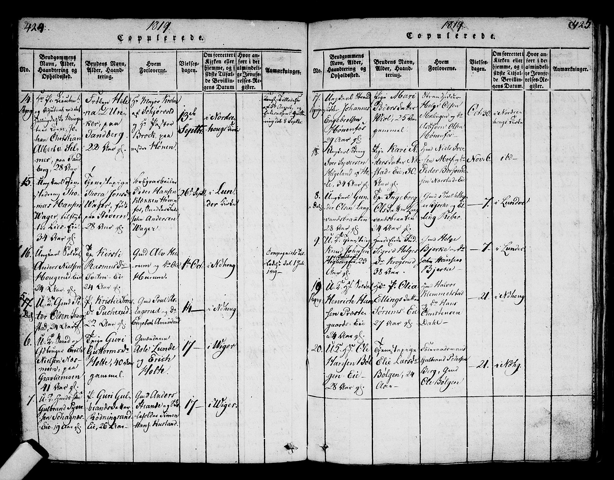 Norderhov kirkebøker, AV/SAKO-A-237/F/Fa/L0008: Parish register (official) no. 8, 1814-1833, p. 424-425