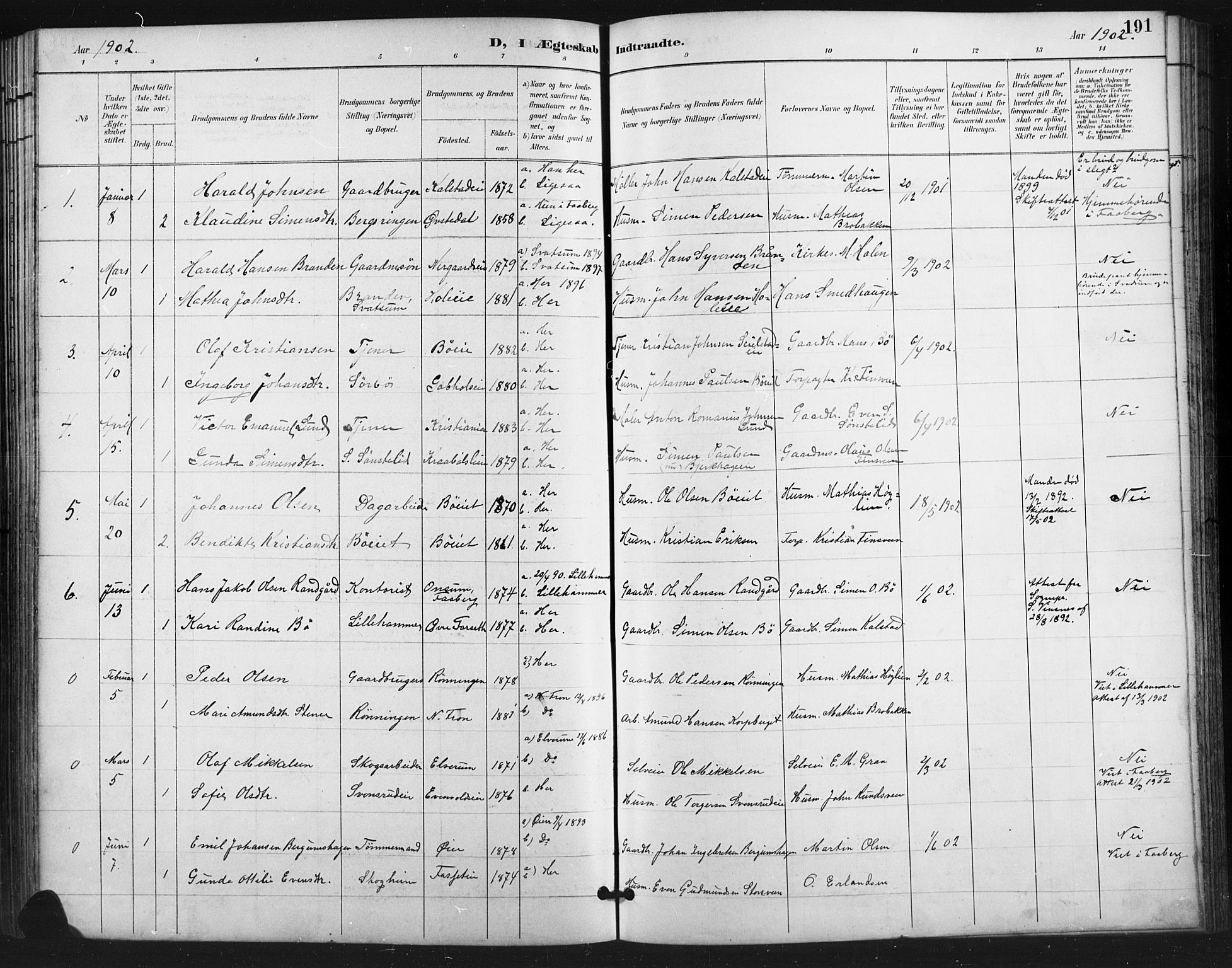 Vestre Gausdal prestekontor, SAH/PREST-094/H/Ha/Hab/L0003: Parish register (copy) no. 3, 1896-1925, p. 191