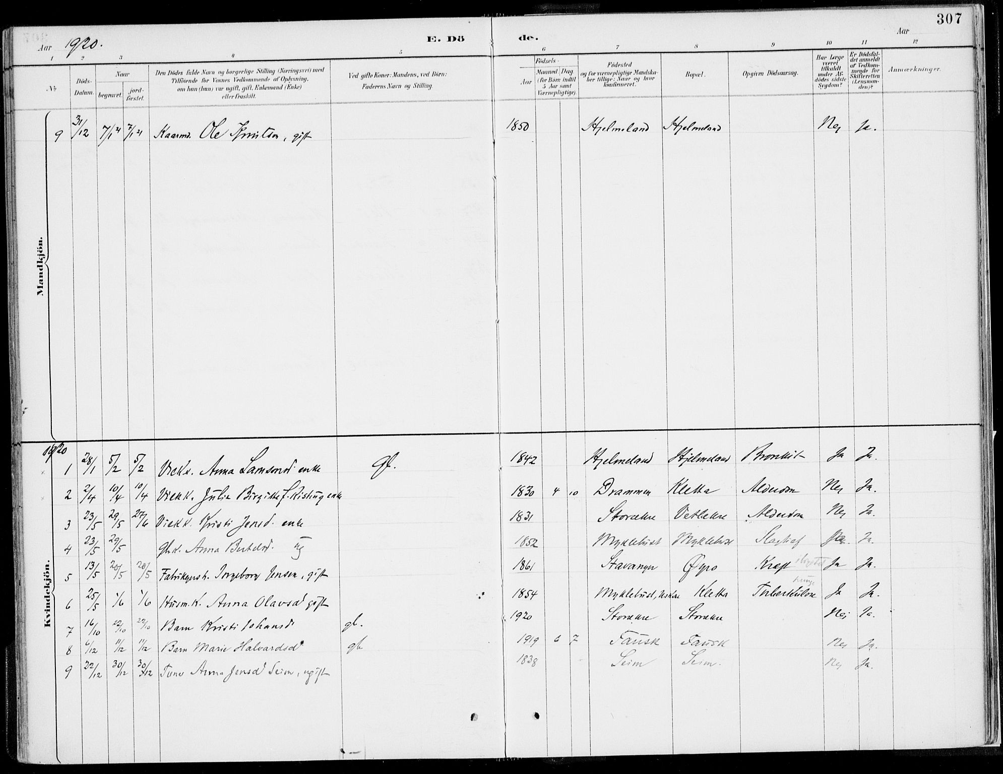 Kvinnherad sokneprestembete, SAB/A-76401/H/Haa: Parish register (official) no. B  1, 1887-1921, p. 307