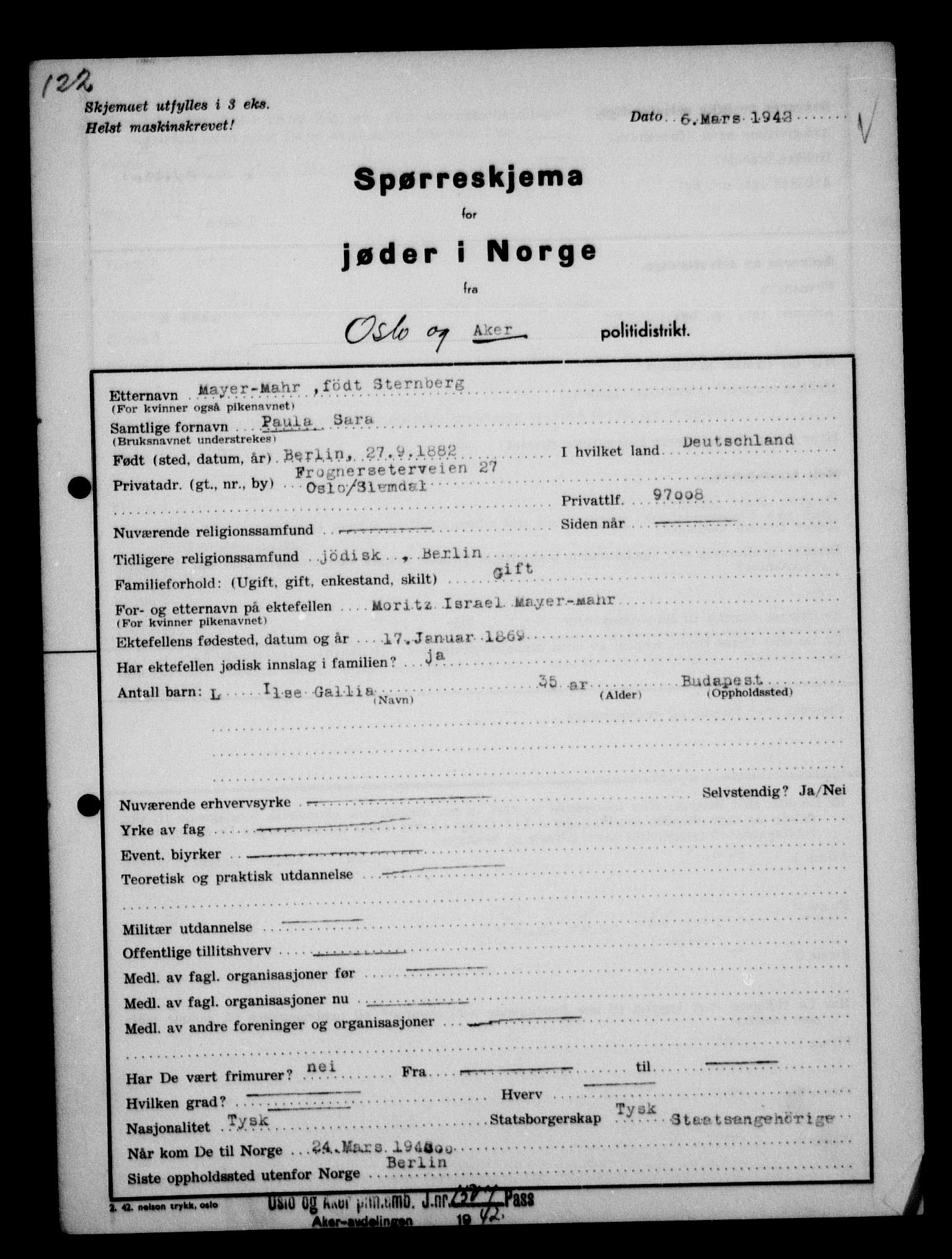 Statspolitiet - Hovedkontoret / Osloavdelingen, AV/RA-S-1329/G/Ga/L0012: Spørreskjema for jøder i Norge. 1: Aker 114- 207 (Levinson-Wozak) og 656 (Salomon). 2: Arendal-Hordaland. 3: Horten-Romerike.  , 1942, p. 27