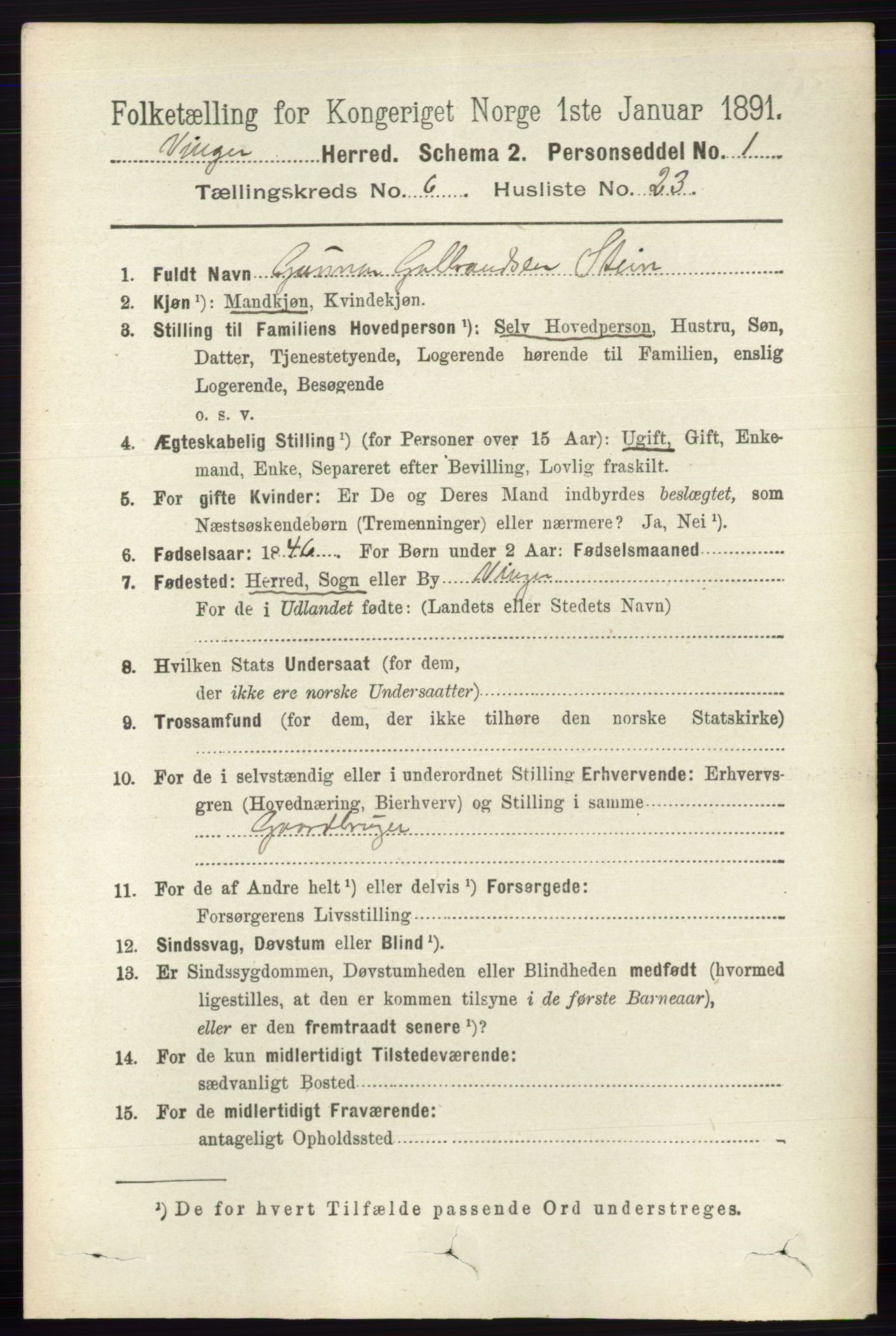 RA, 1891 census for 0421 Vinger, 1891, p. 2744