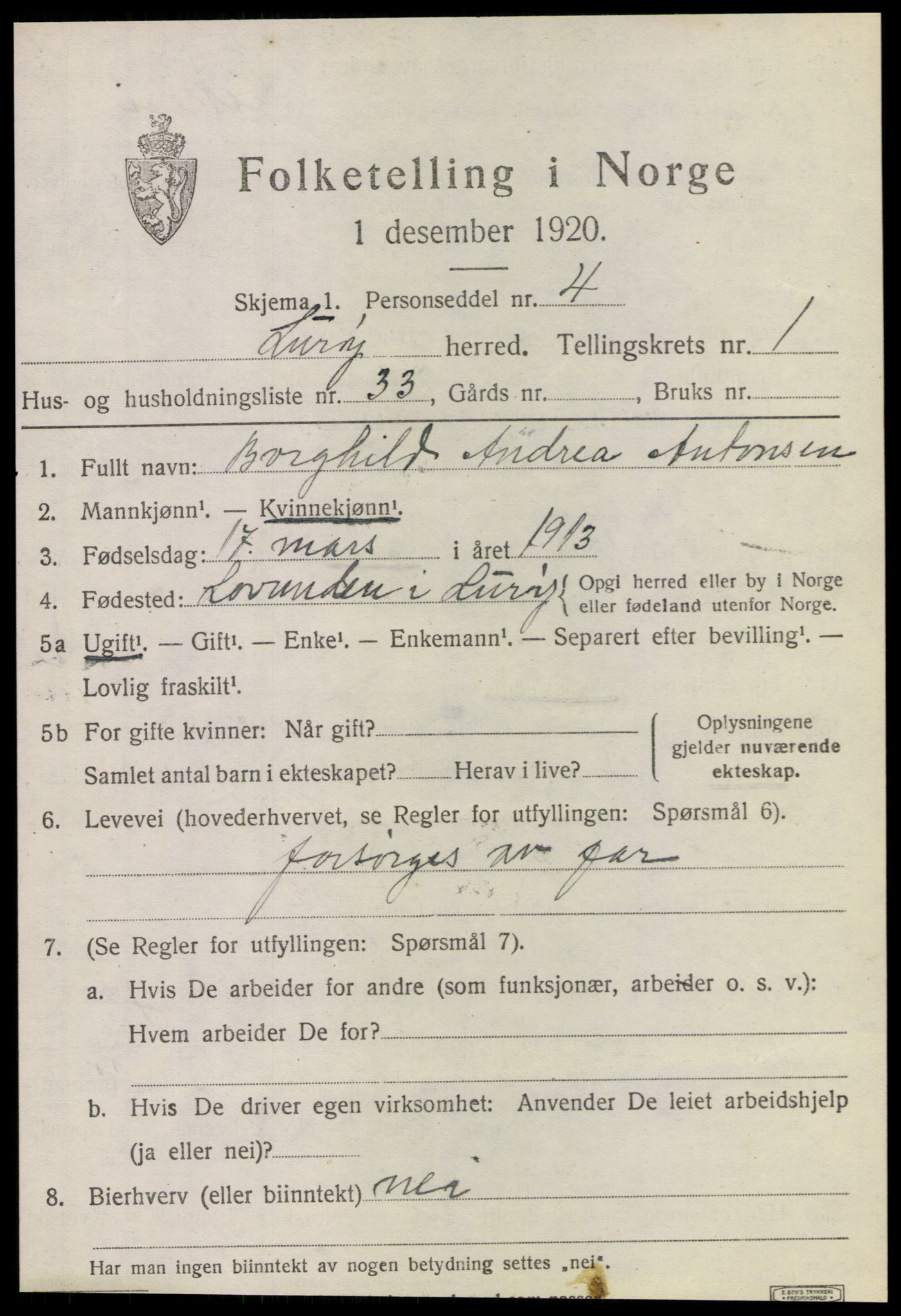 SAT, 1920 census for Lurøy, 1920, p. 1333