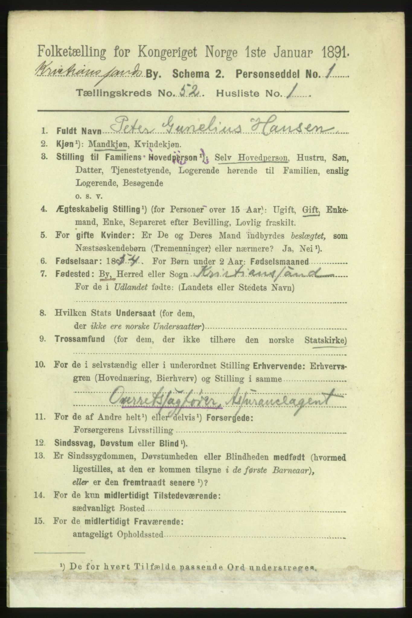 RA, 1891 census for 1001 Kristiansand, 1891, p. 15141