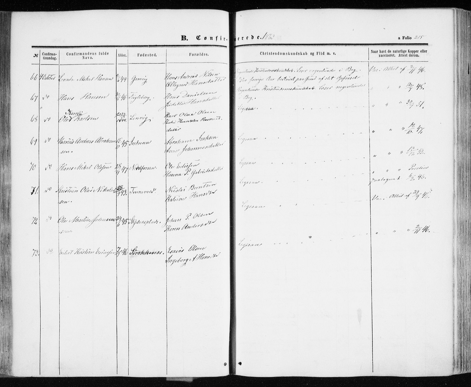 Ibestad sokneprestembete, AV/SATØ-S-0077/H/Ha/Haa/L0009kirke: Parish register (official) no. 9, 1859-1868, p. 215