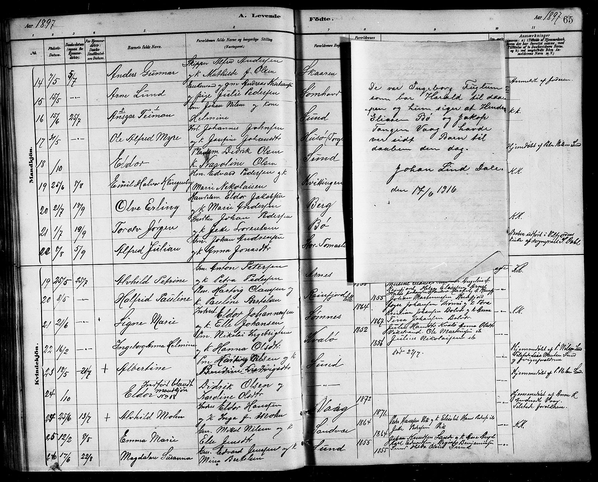 Ministerialprotokoller, klokkerbøker og fødselsregistre - Nordland, AV/SAT-A-1459/812/L0188: Parish register (copy) no. 812C06, 1884-1912, p. 65