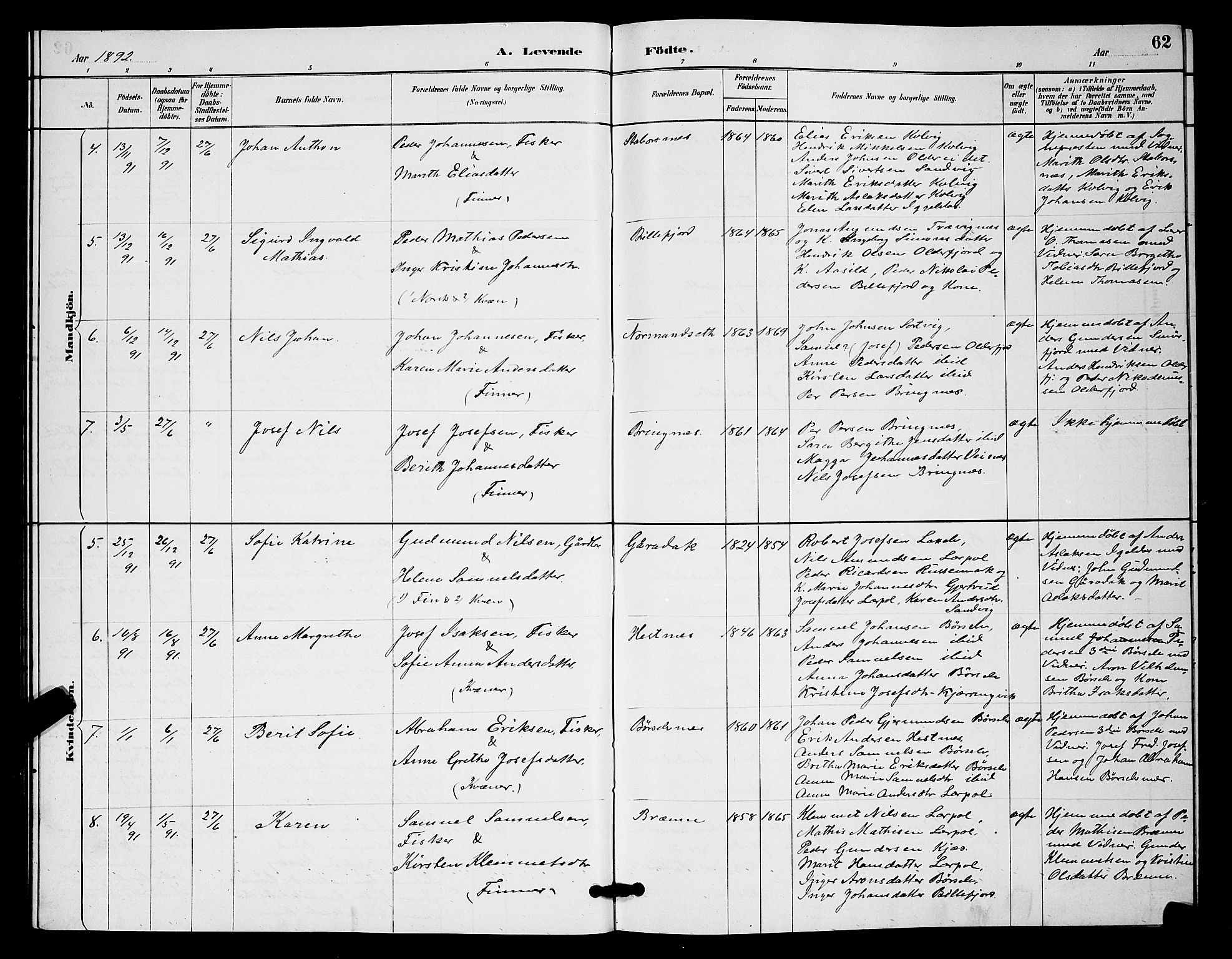 Kistrand/Porsanger sokneprestembete, SATØ/S-1351/H/Hb/L0004.klokk: Parish register (copy) no. 4, 1885-1894, p. 62