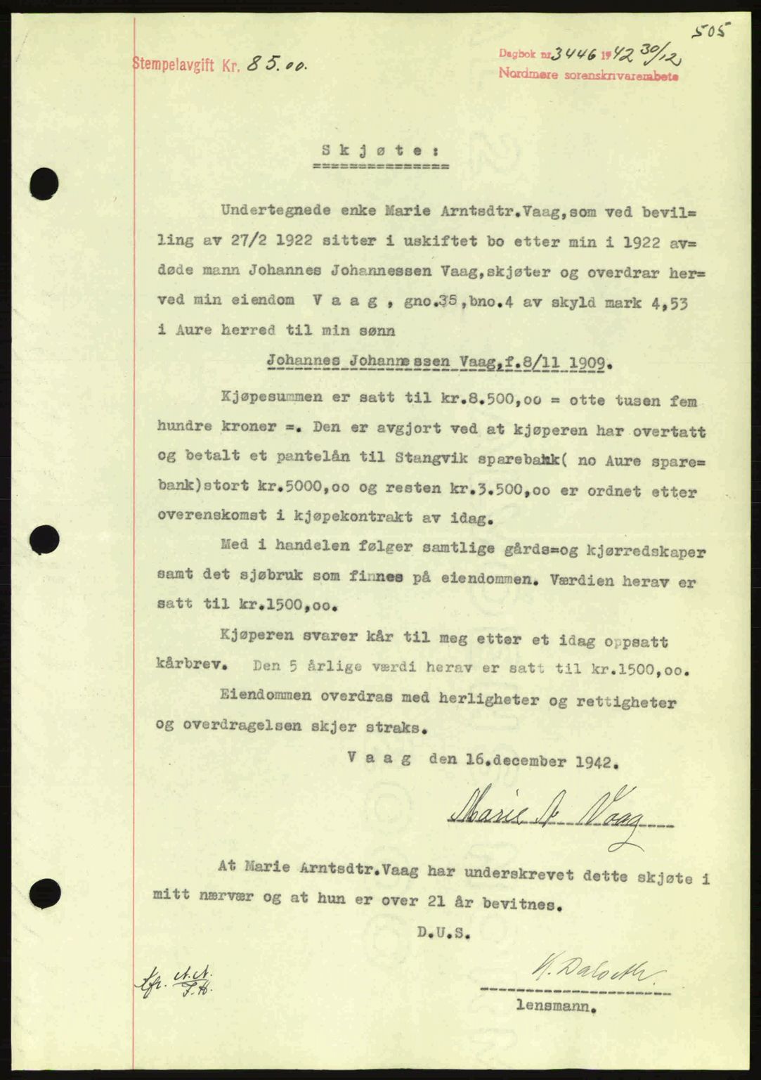 Nordmøre sorenskriveri, AV/SAT-A-4132/1/2/2Ca: Mortgage book no. A94, 1942-1943, Diary no: : 3446/1942