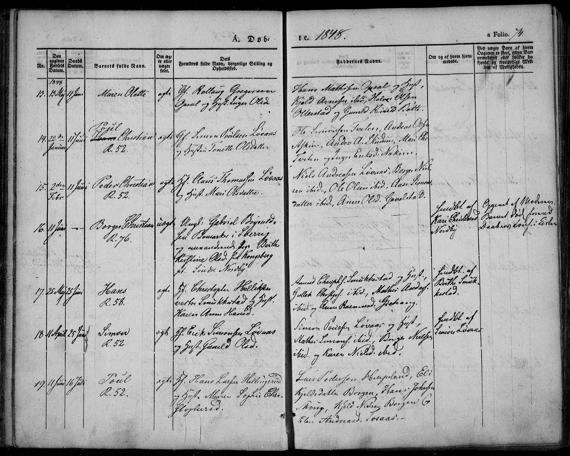 Lardal kirkebøker, AV/SAKO-A-350/F/Fa/L0006: Parish register (official) no. I 6, 1835-1860, p. 74