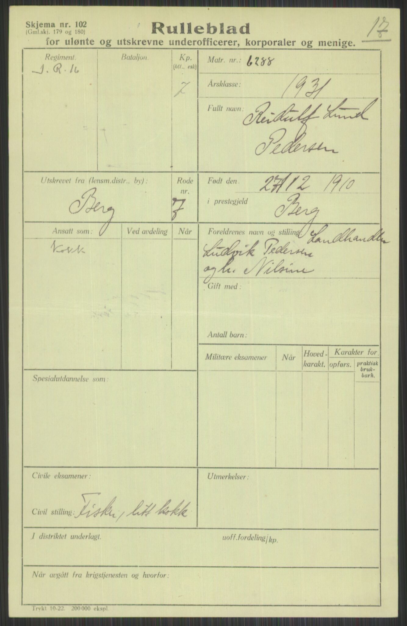 Forsvaret, Troms infanteriregiment nr. 16, AV/RA-RAFA-3146/P/Pa/L0015: Rulleblad for regimentets menige mannskaper, årsklasse 1931, 1931, p. 999