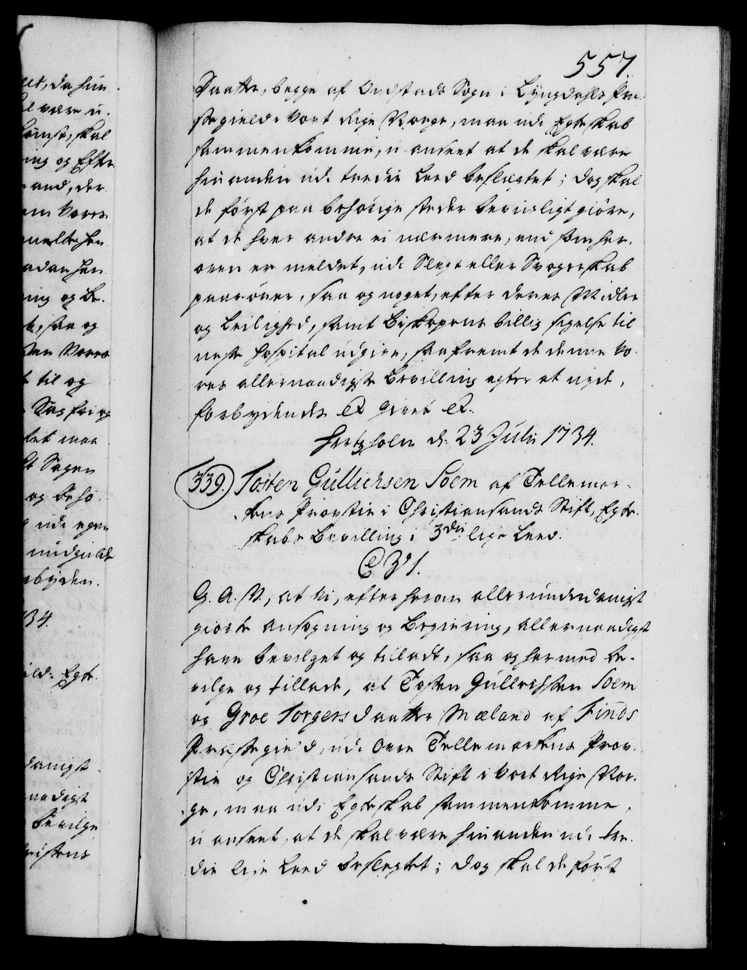 Danske Kanselli 1572-1799, AV/RA-EA-3023/F/Fc/Fca/Fcaa/L0028: Norske registre, 1733-1734, p. 557a