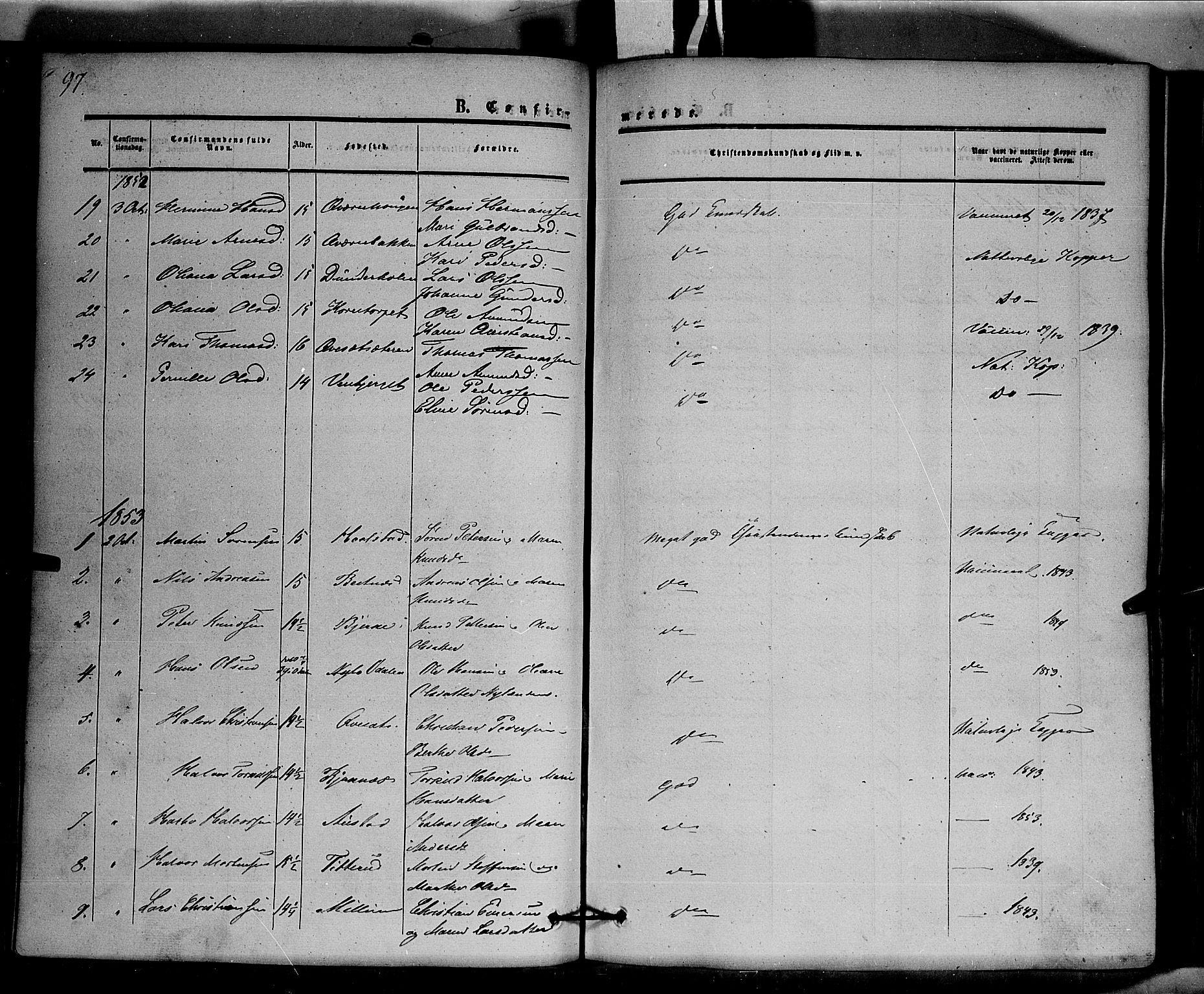 Hof prestekontor, SAH/PREST-038/H/Ha/Haa/L0008: Parish register (official) no. 8, 1849-1861, p. 97
