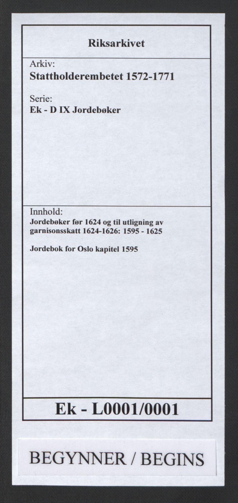 Stattholderembetet 1572-1771, AV/RA-EA-2870/Ek/L0001/0001: Jordebøker før 1624 og til utligning av garnisonsskatt 1624-1626: / Jordebok for Oslo kapitel, 1595, p. 1