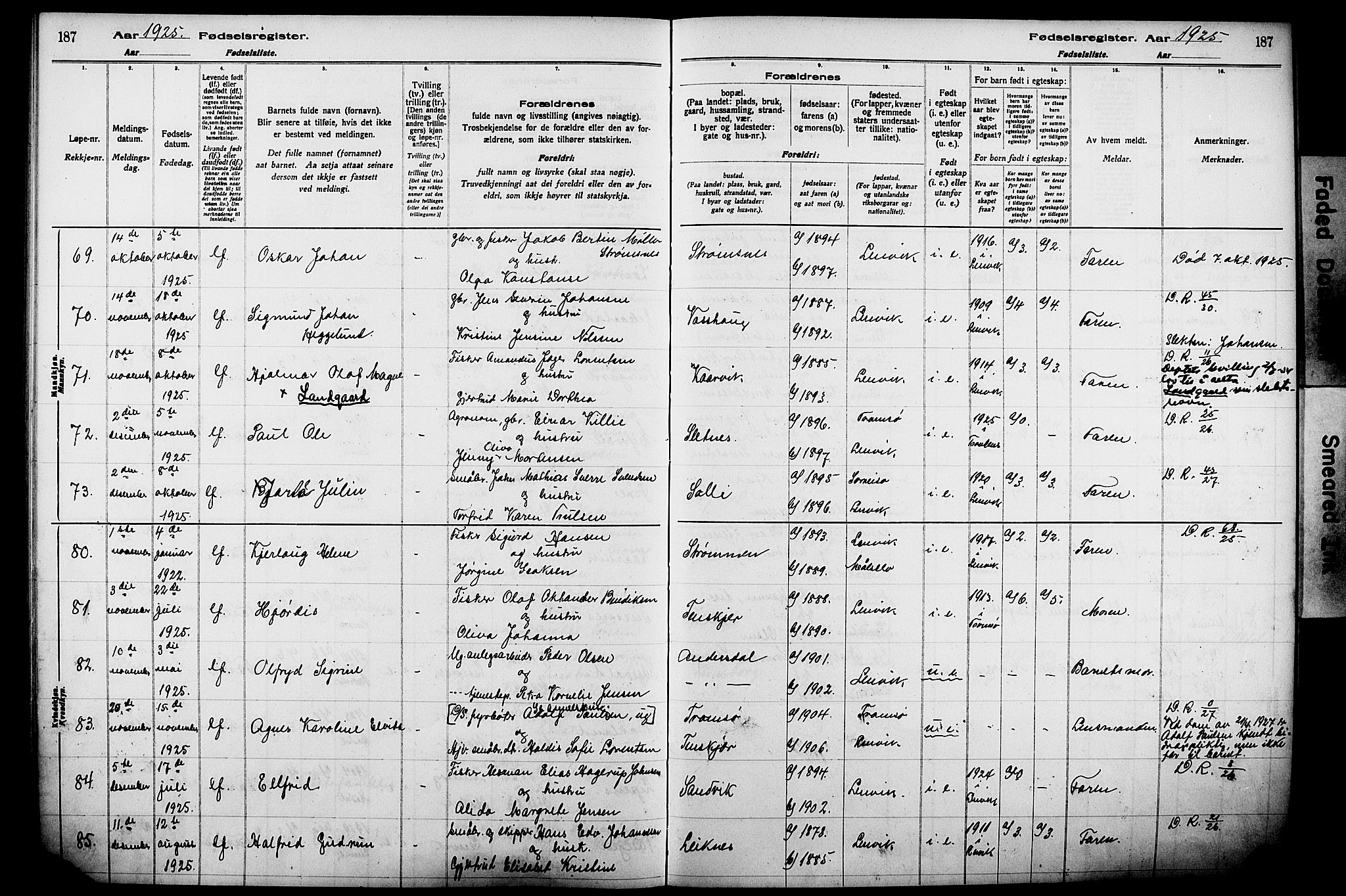 Lenvik sokneprestembete, SATØ/S-1310/I/Ic/L0089: Birth register no. 89, 1916-1926, p. 187