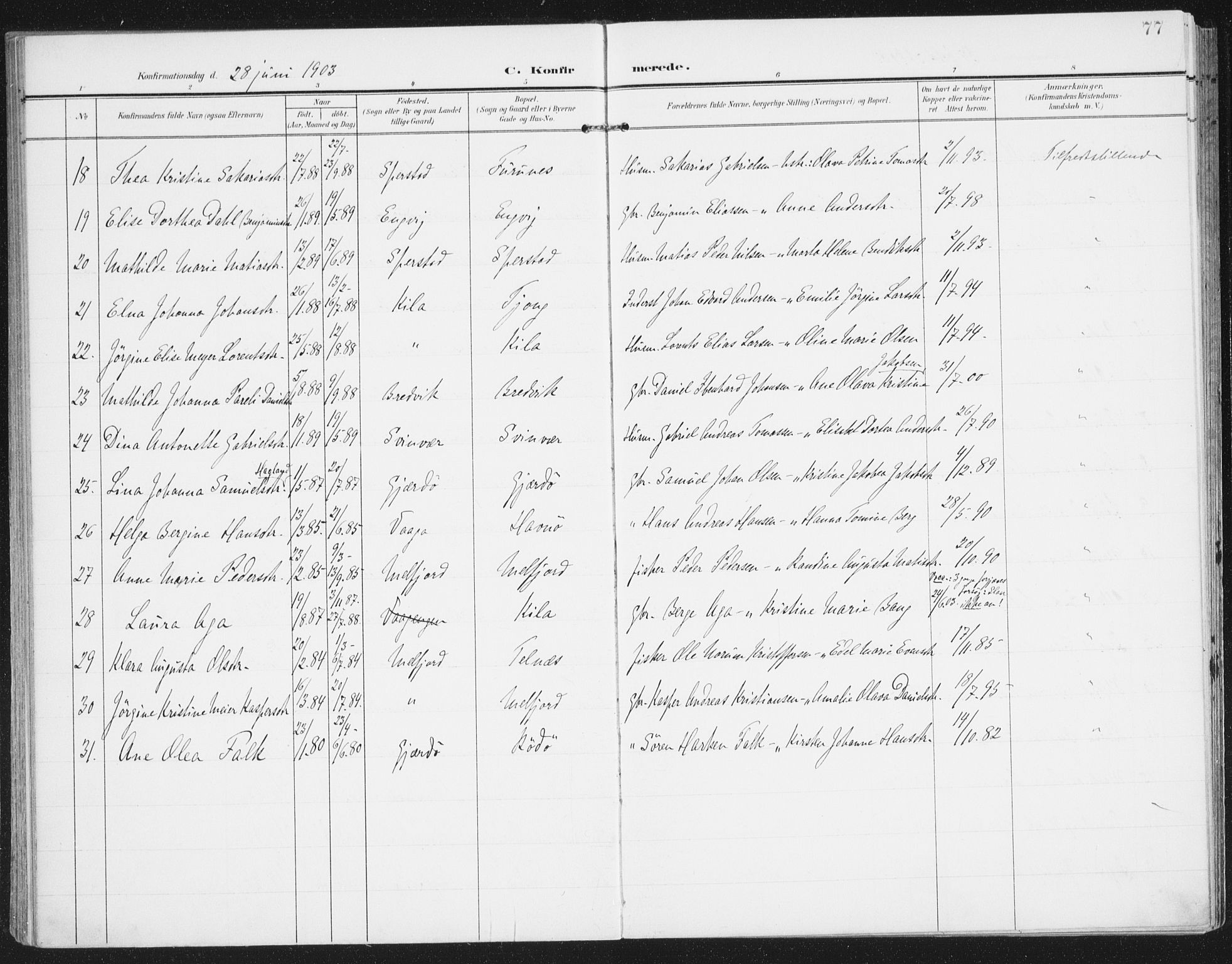 Ministerialprotokoller, klokkerbøker og fødselsregistre - Nordland, AV/SAT-A-1459/841/L0612: Parish register (official) no. 841A15, 1902-1910, p. 77