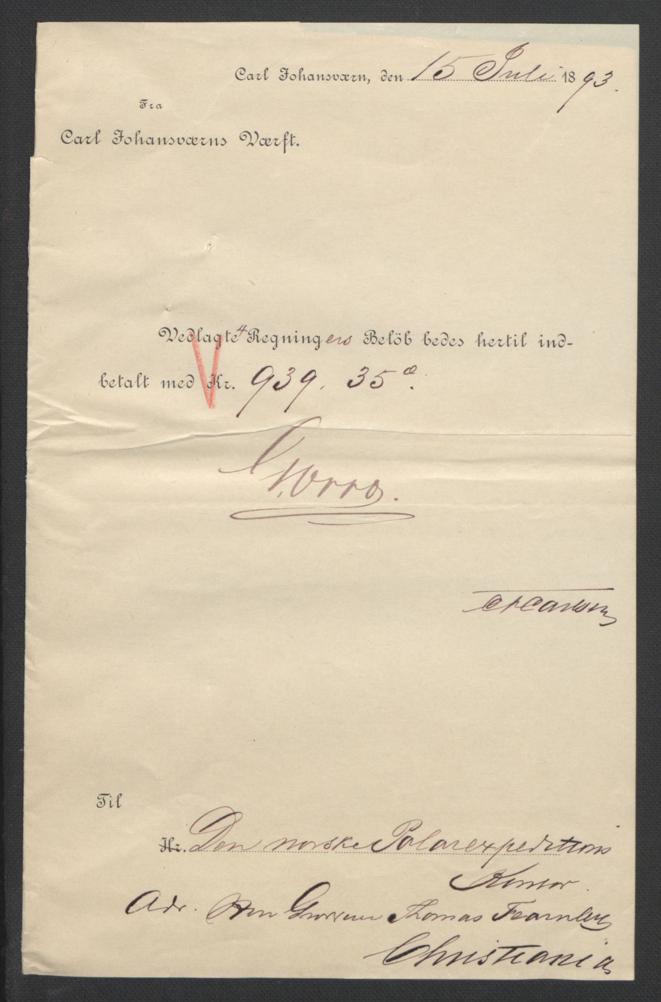 Arbeidskomitéen for Fridtjof Nansens polarekspedisjon, RA/PA-0061/R/L0009/0001: Regnskapsbilag / Diverse bilag, 1891-1895, p. 4