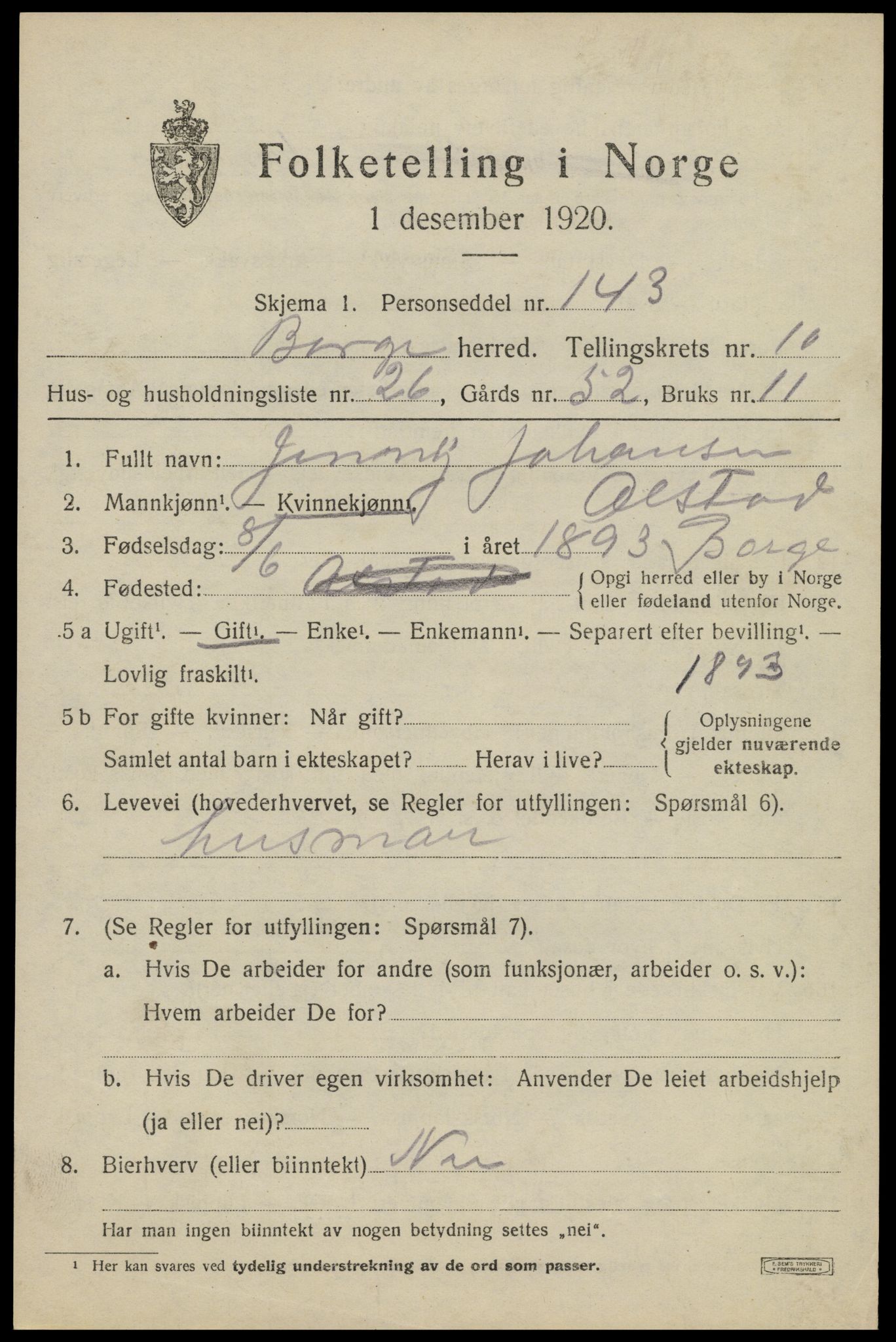 SAT, 1920 census for Borge, 1920, p. 8985