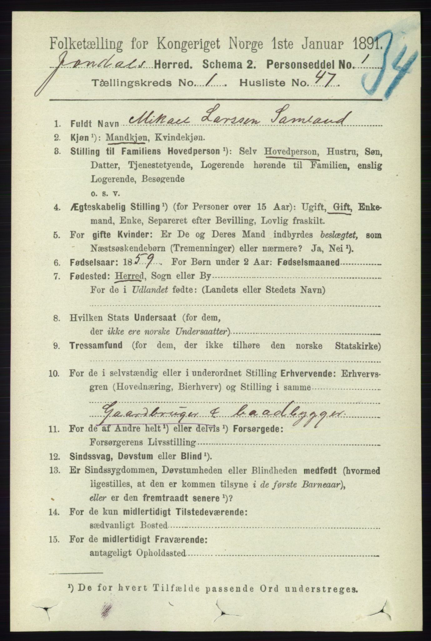 RA, 1891 census for 1227 Jondal, 1891, p. 356