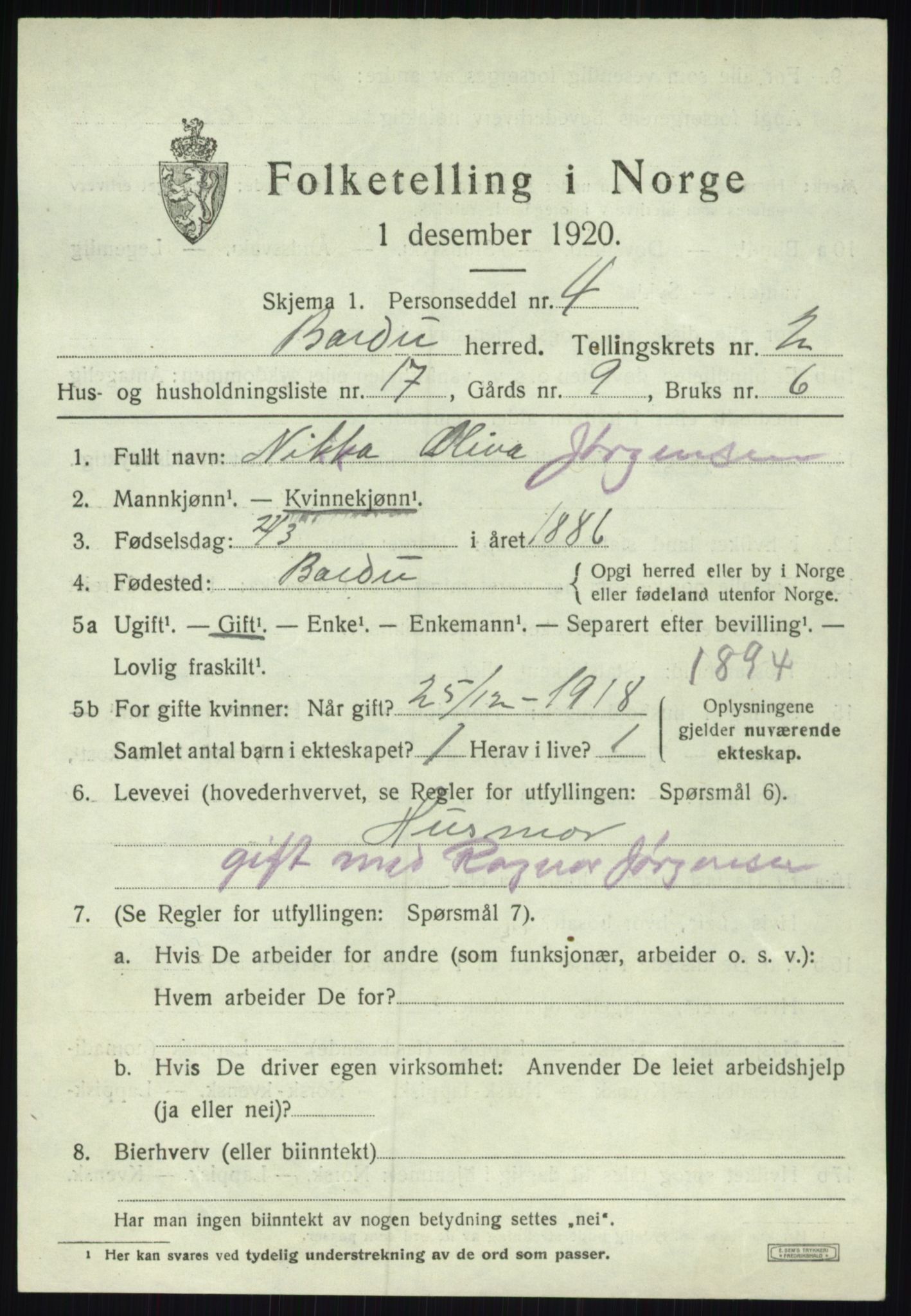 SATØ, 1920 census for Bardu, 1920, p. 1151