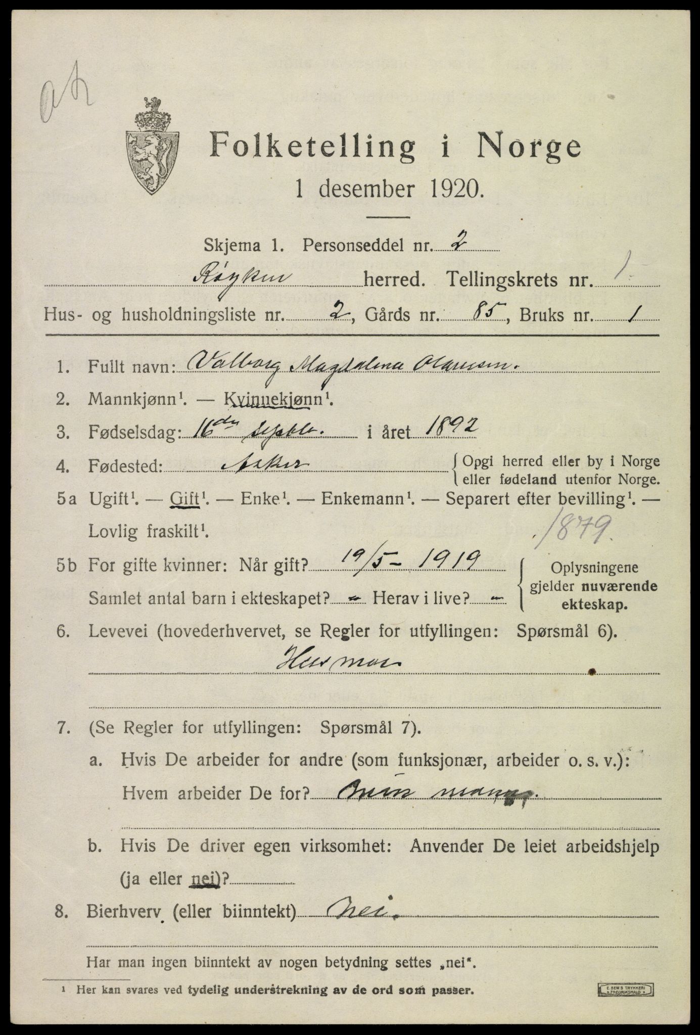 SAKO, 1920 census for Røyken, 1920, p. 1832