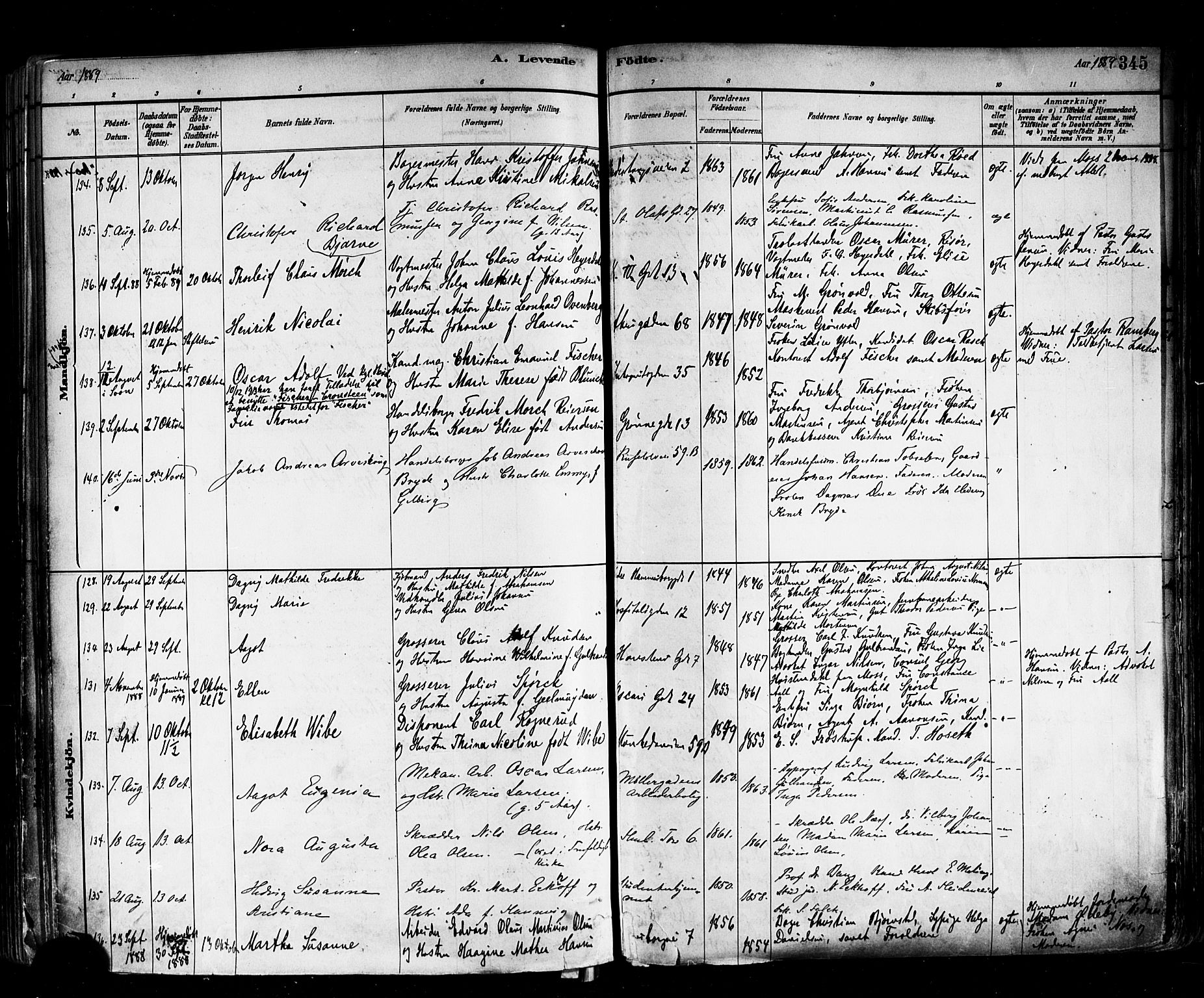 Trefoldighet prestekontor Kirkebøker, AV/SAO-A-10882/F/Fa/L0005: Parish register (official) no. I 5, 1881-1891, p. 345