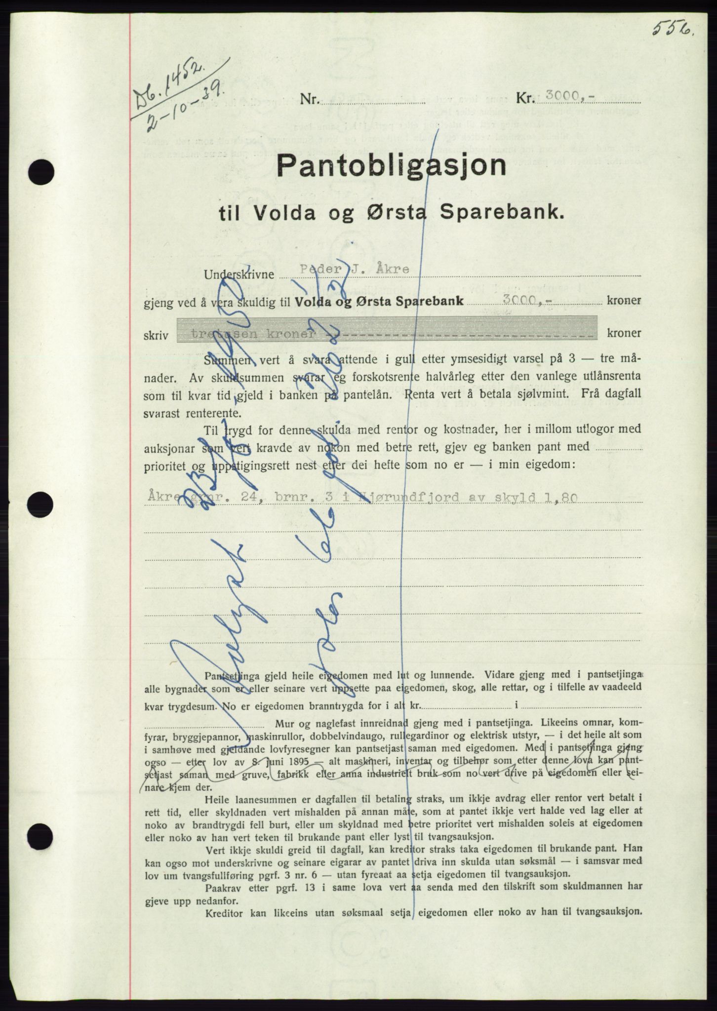 Søre Sunnmøre sorenskriveri, AV/SAT-A-4122/1/2/2C/L0068: Mortgage book no. 62, 1939-1939, Diary no: : 1452/1939