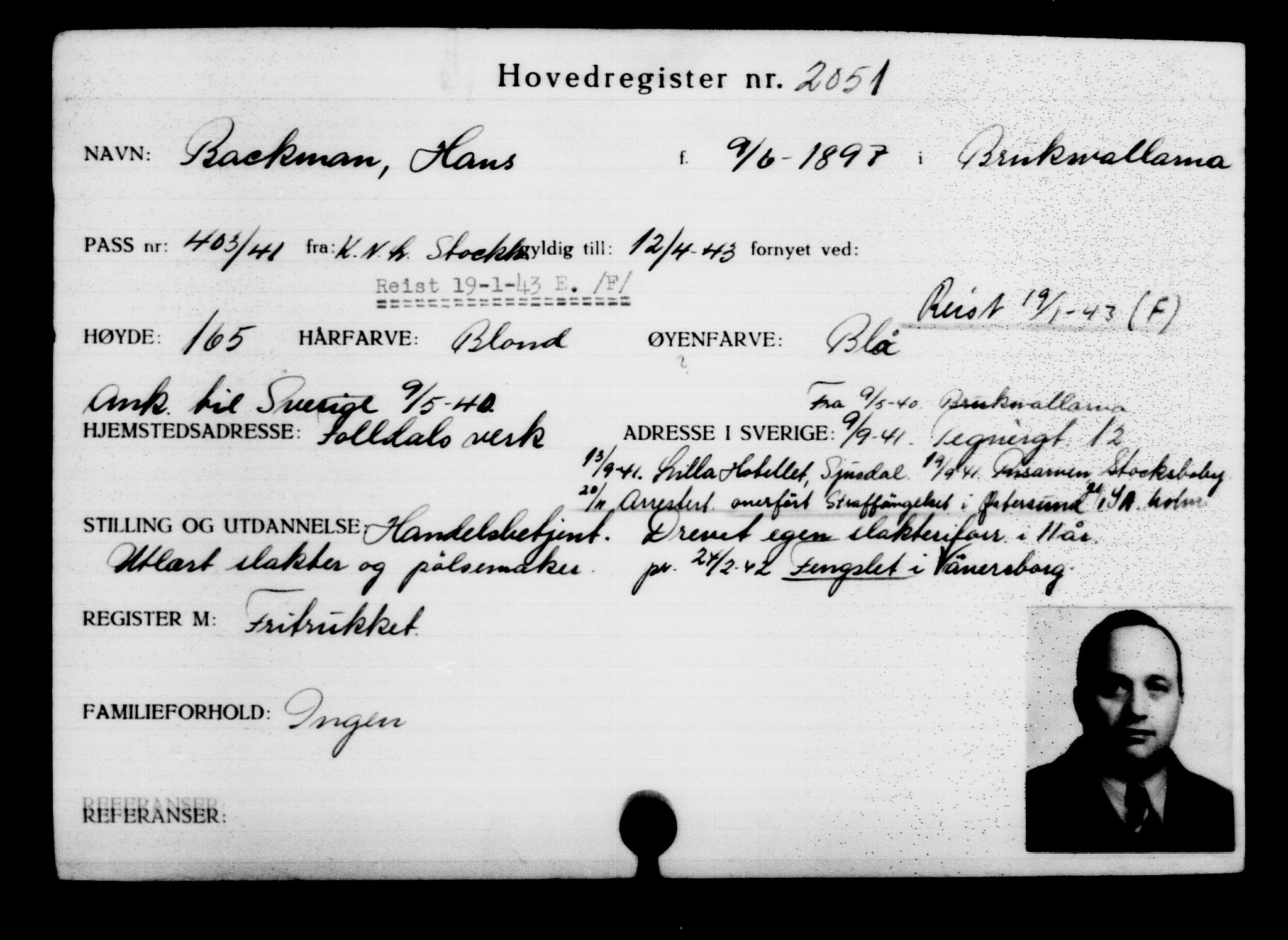 Utenriksstasjonene, Legasjonen i Stockholm, Flyktningkontoret, AV/RA-S-6753/V/Va/L0003: Kjesäterkartoteket, flyktninger med registreringsnr. 2001-3495, 1940-1945, p. 69