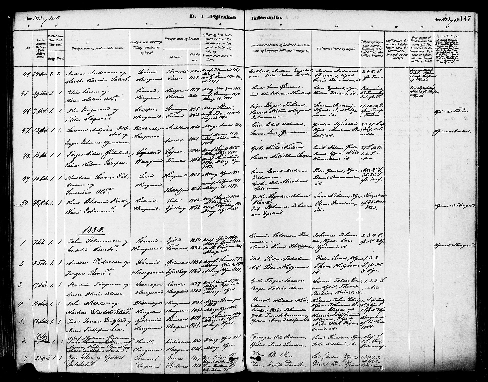 Haugesund sokneprestkontor, AV/SAST-A -101863/H/Ha/Haa/L0001: Parish register (official) no. A 1, 1878-1885, p. 147