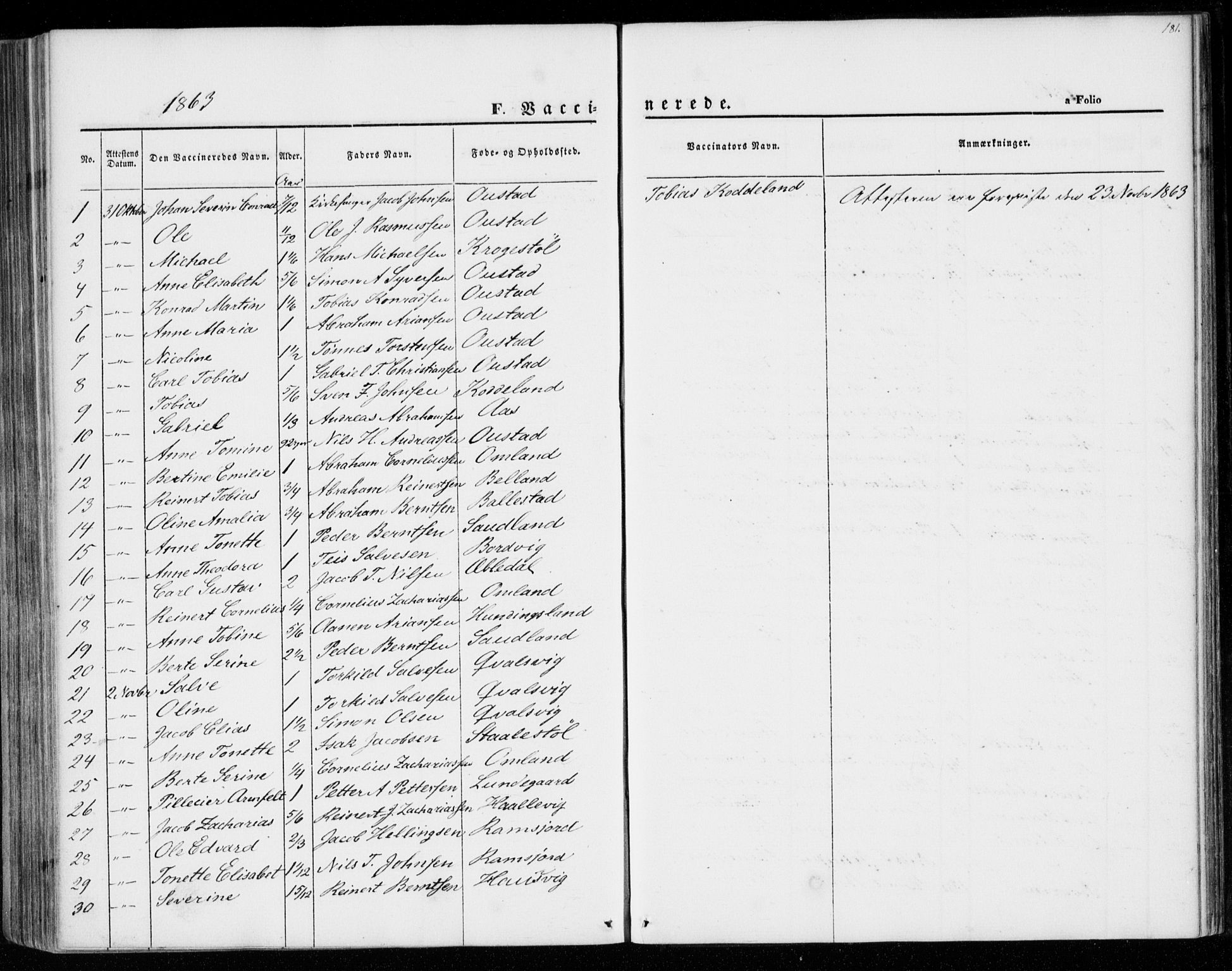 Lyngdal sokneprestkontor, SAK/1111-0029/F/Fa/Faa/L0002: Parish register (official) no. A 2, 1858-1870, p. 181