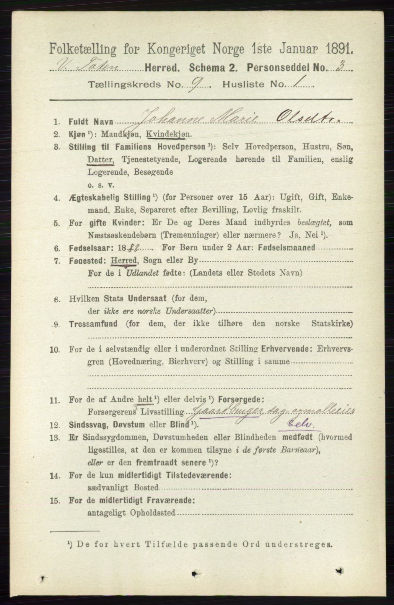 RA, 1891 census for 0529 Vestre Toten, 1891, p. 5548