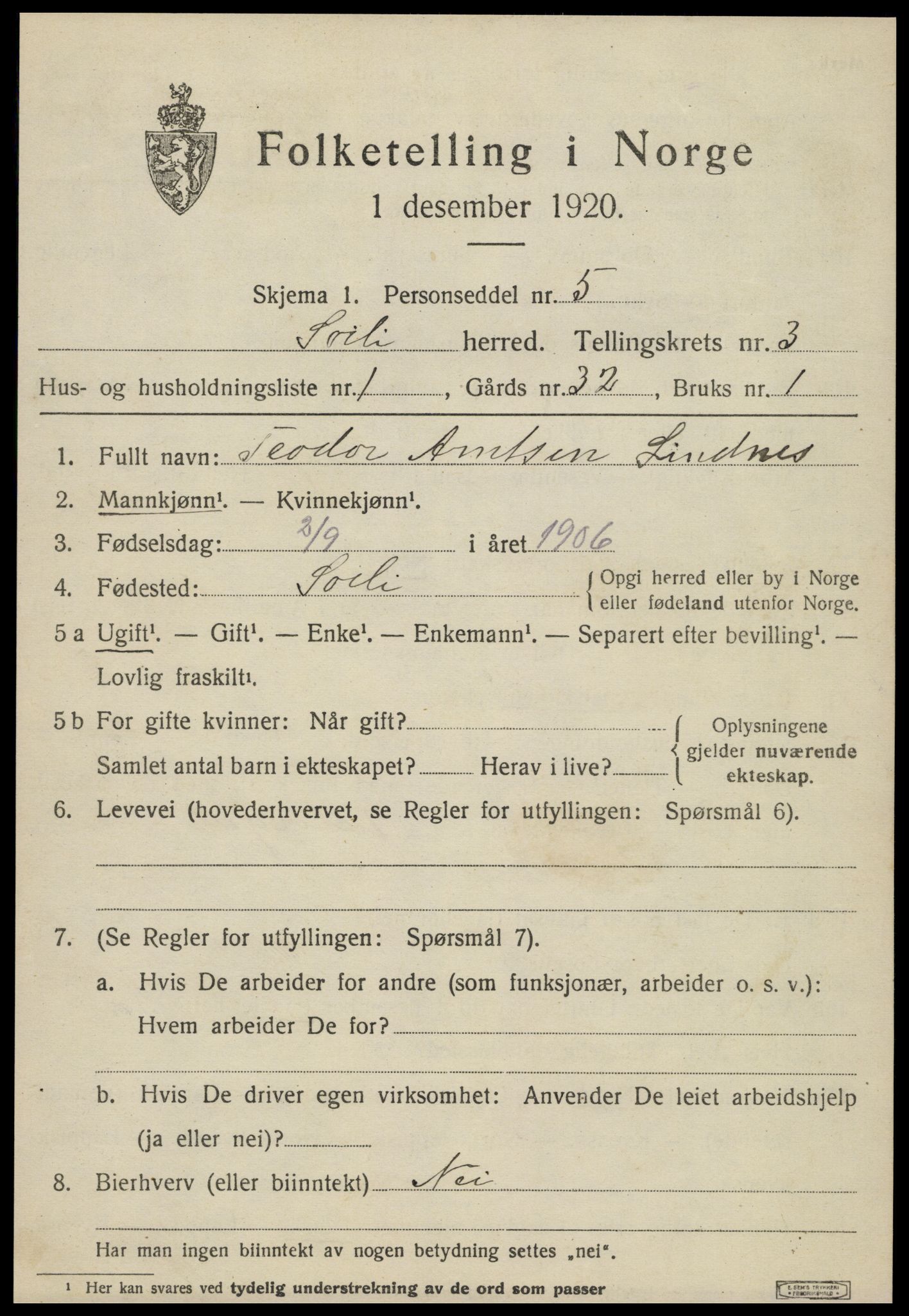 SAT, 1920 census for Sørli, 1920, p. 1071