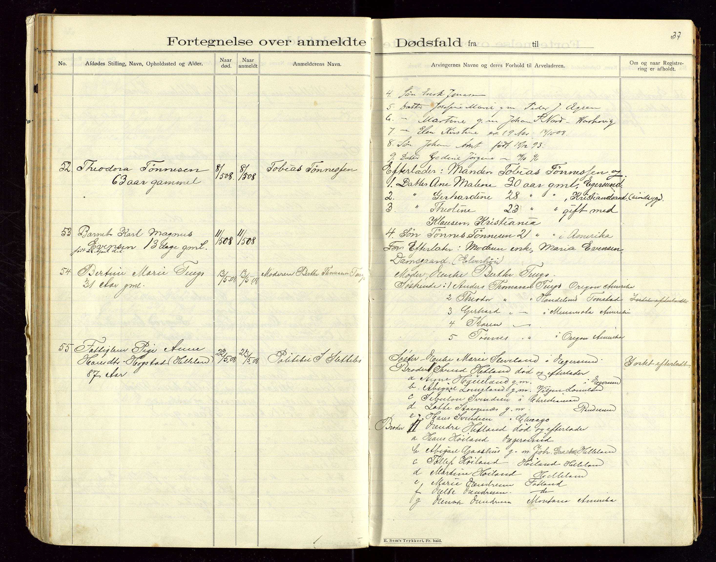 Eigersund lensmannskontor, AV/SAST-A-100171/Gga/L0005: "Dødsfalds-Protokol" m/alfabetisk navneregister, 1905-1913, p. 37