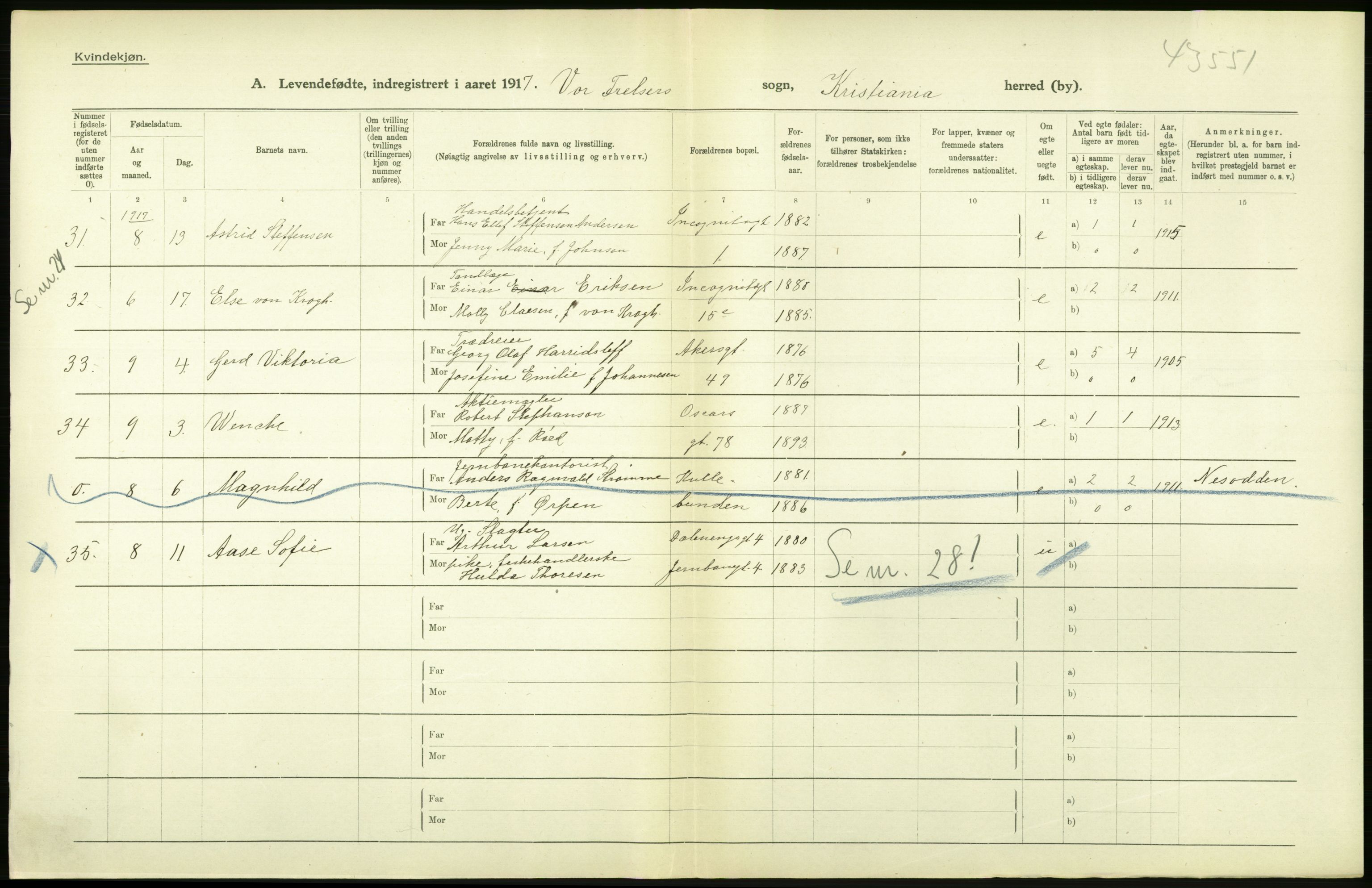 Statistisk sentralbyrå, Sosiodemografiske emner, Befolkning, RA/S-2228/D/Df/Dfb/Dfbg/L0007: Kristiania: Levendefødte menn og kvinner., 1917, p. 42