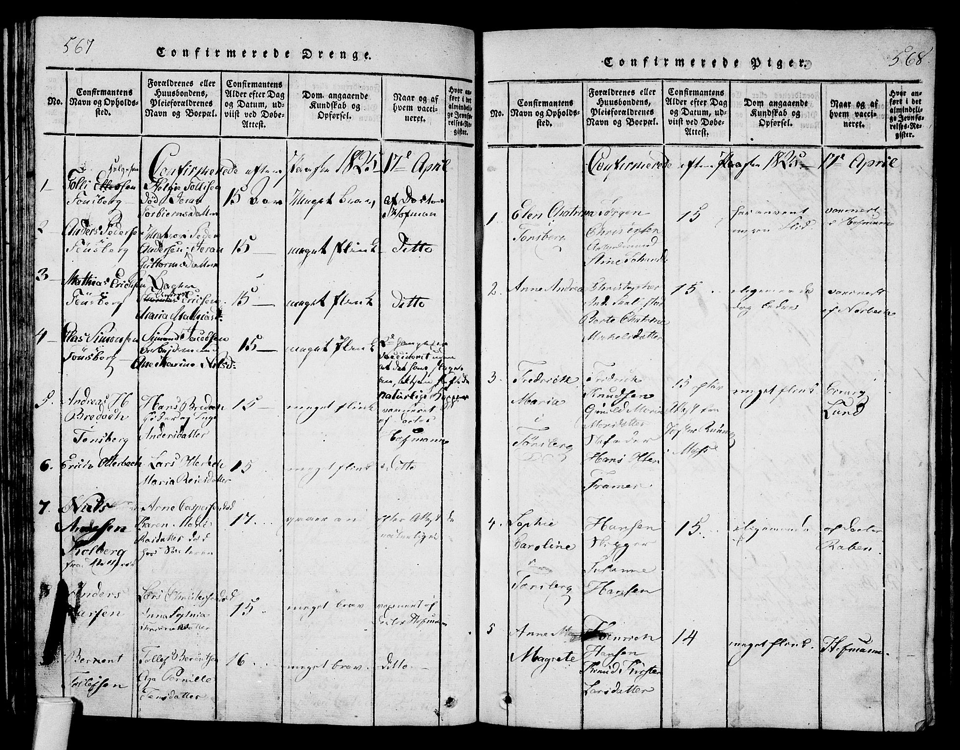 Tønsberg kirkebøker, SAKO/A-330/F/Fa/L0004: Parish register (official) no. I 4, 1813-1826, p. 567-568