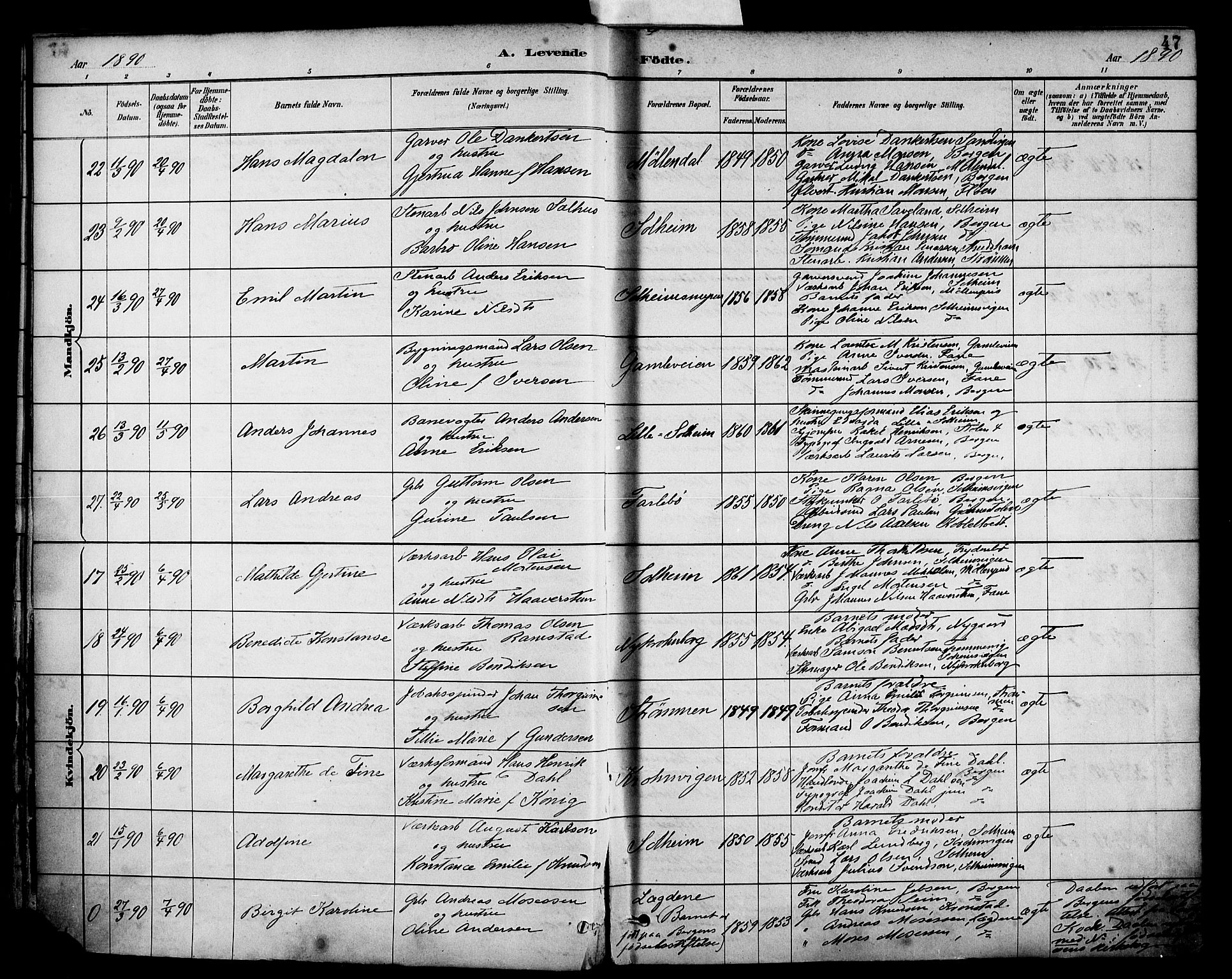 Årstad Sokneprestembete, AV/SAB-A-79301/H/Haa/L0001: Parish register (official) no. A 1, 1886-1901, p. 47