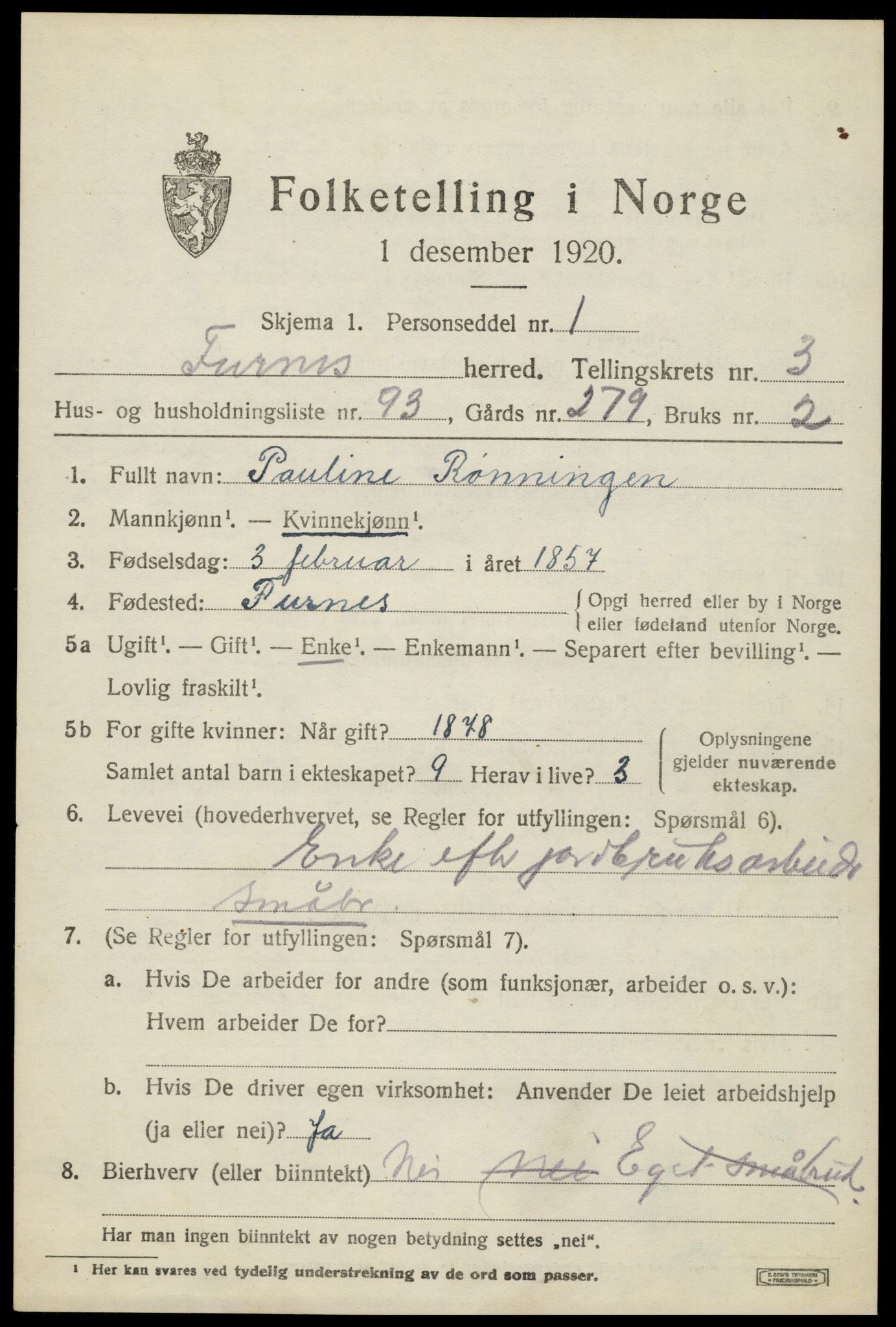 SAH, 1920 census for Furnes, 1920, p. 5715