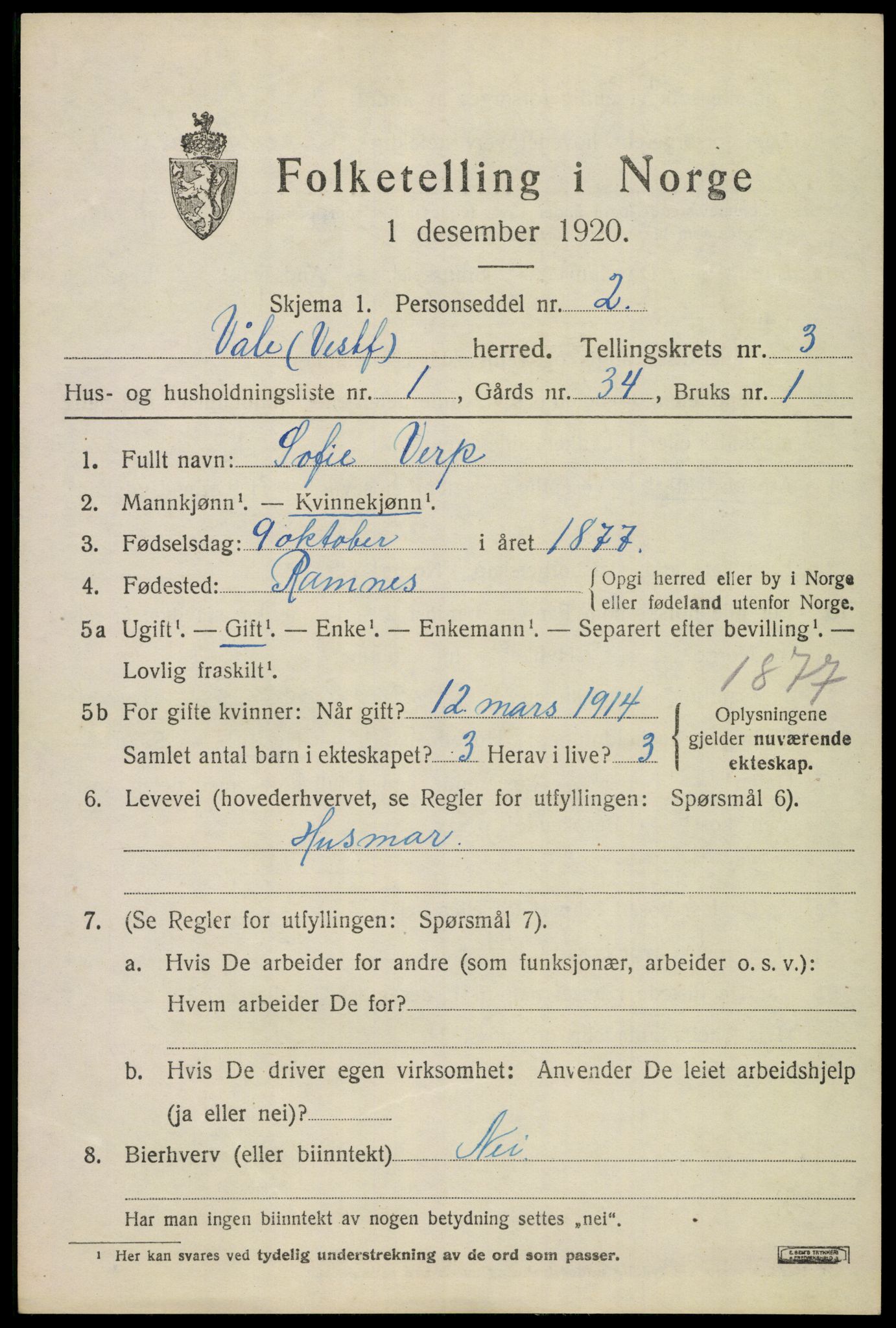 SAKO, 1920 census for Våle, 1920, p. 2296