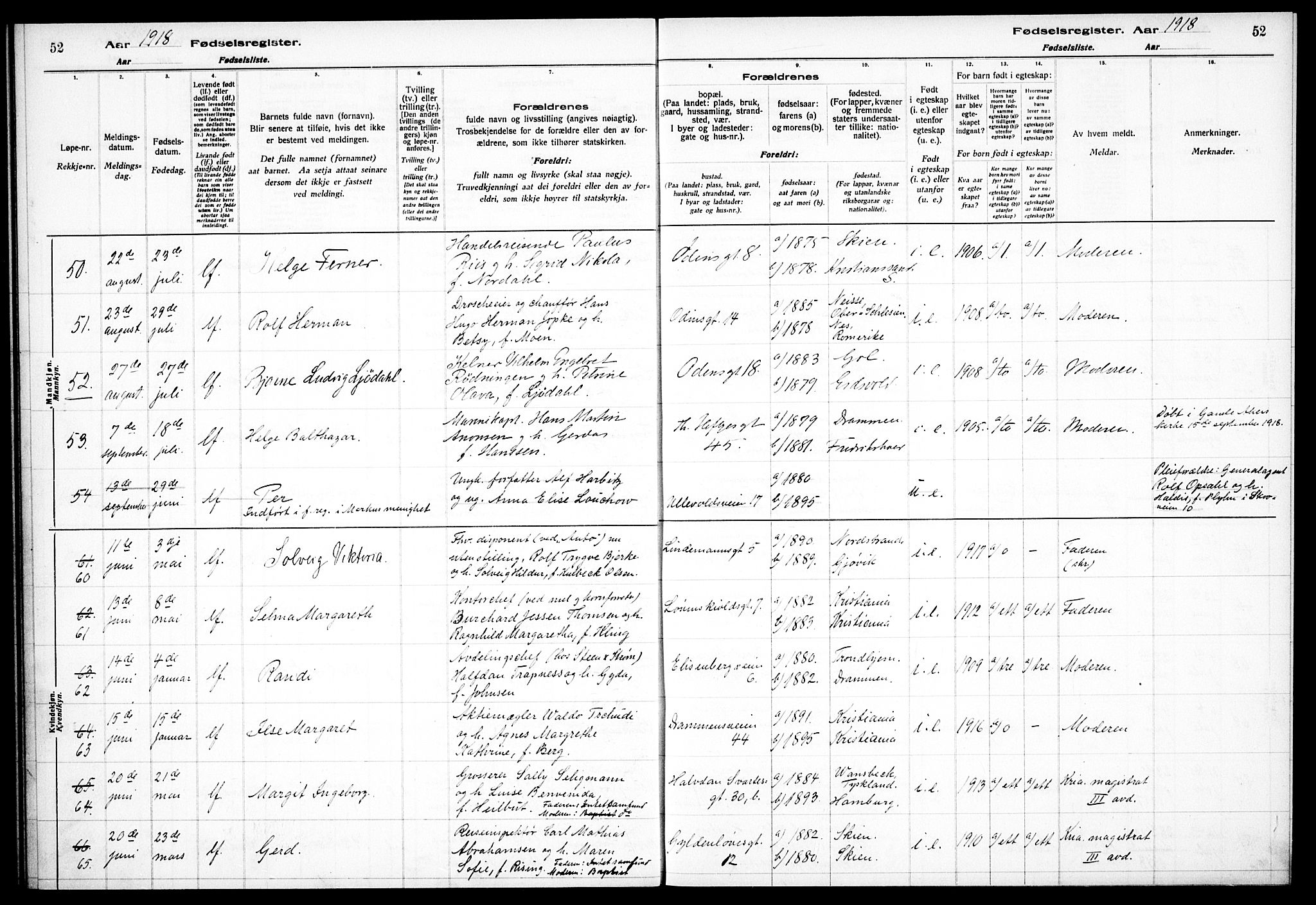 Frogner prestekontor Kirkebøker, AV/SAO-A-10886/J/Ja/L0001: Birth register no. 1, 1916-1927, p. 52