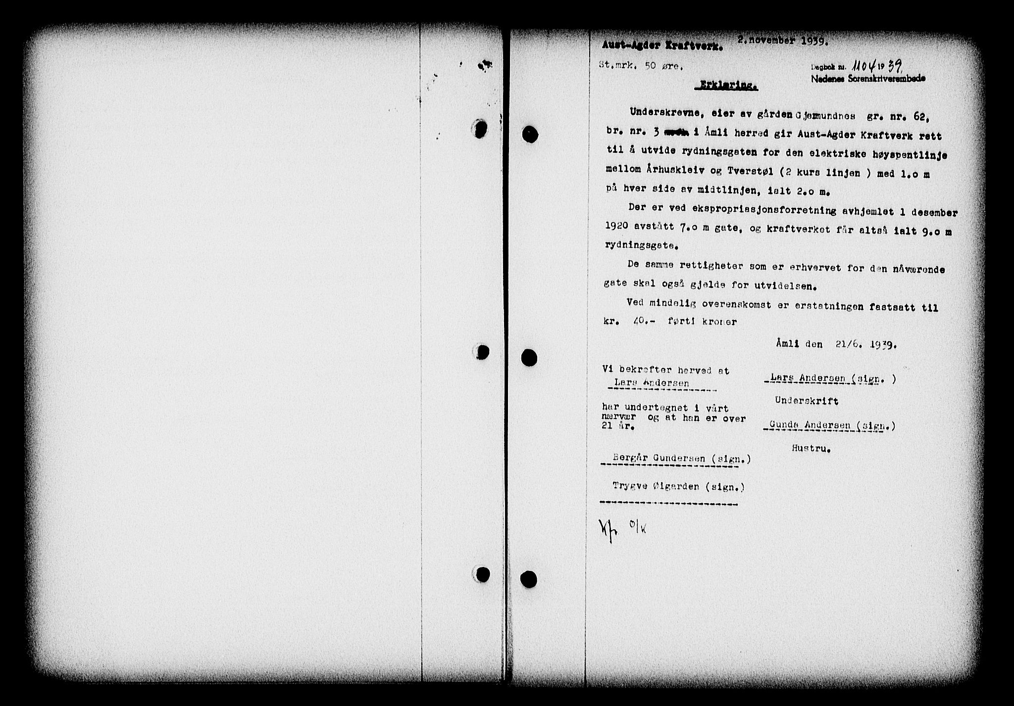 Nedenes sorenskriveri, SAK/1221-0006/G/Gb/Gba/L0047: Mortgage book no. A-I, 1939-1940, Diary no: : 1104/1939