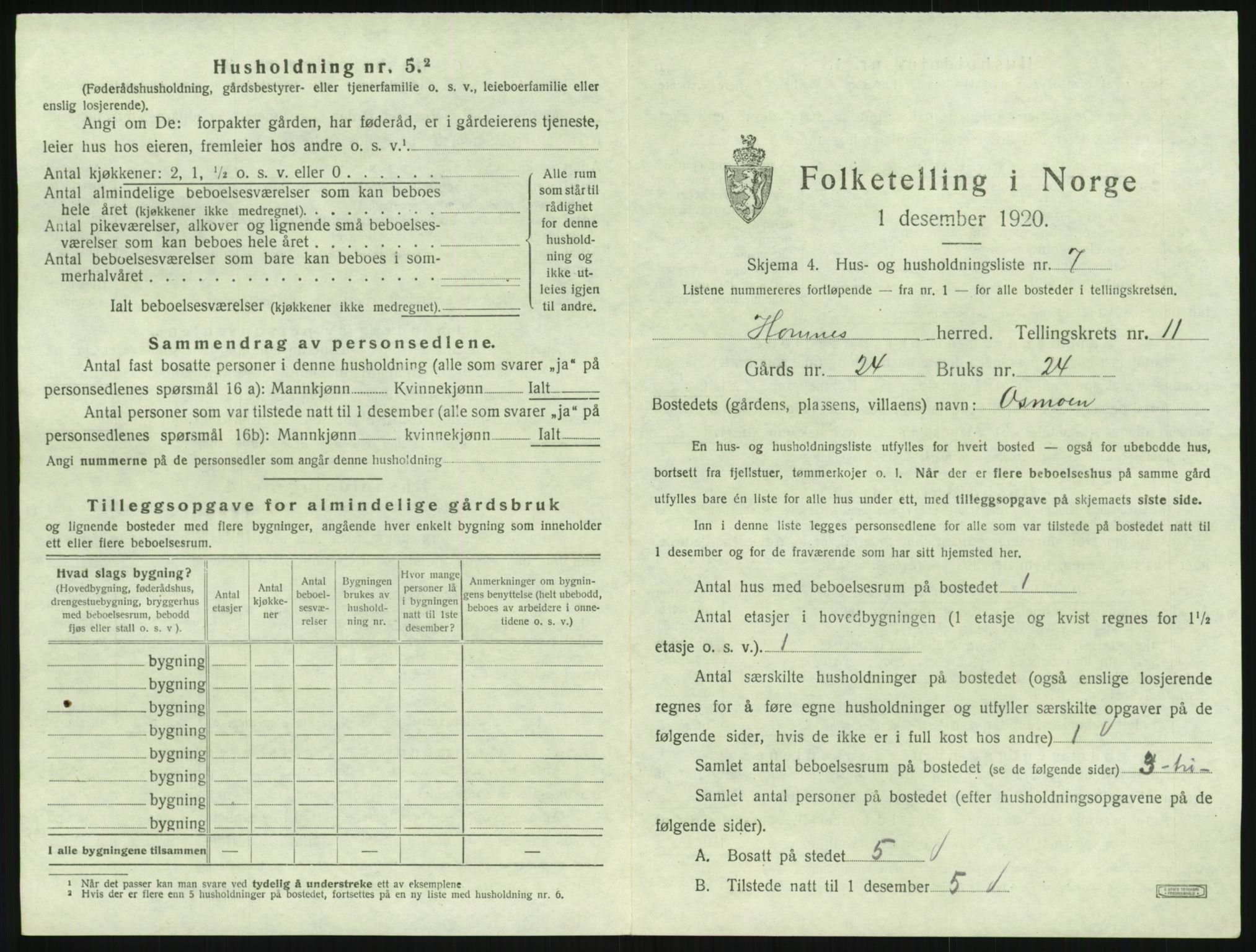 SAK, 1920 census for Hornnes, 1920, p. 443