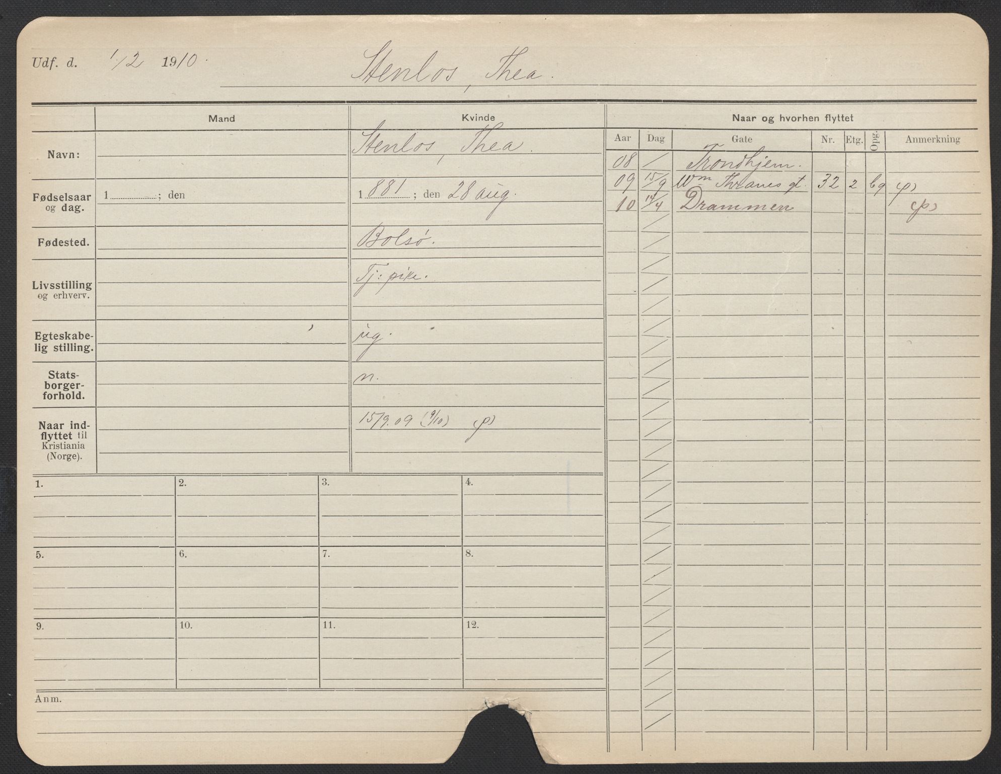 Oslo folkeregister, Registerkort, AV/SAO-A-11715/F/Fa/Fac/L0024: Kvinner, 1906-1914, p. 273a